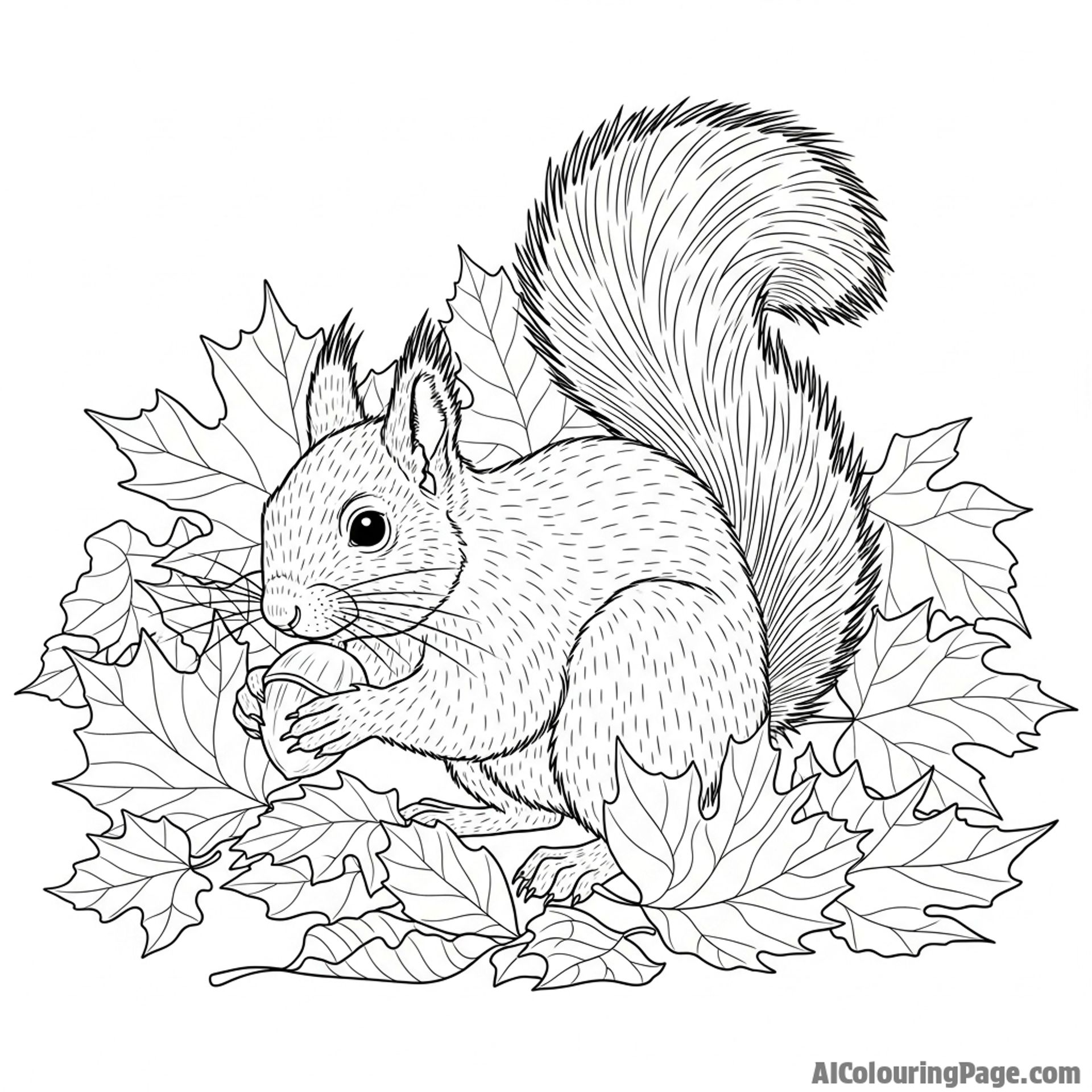 A squirrel burying a nut amongst fallen leaves.
