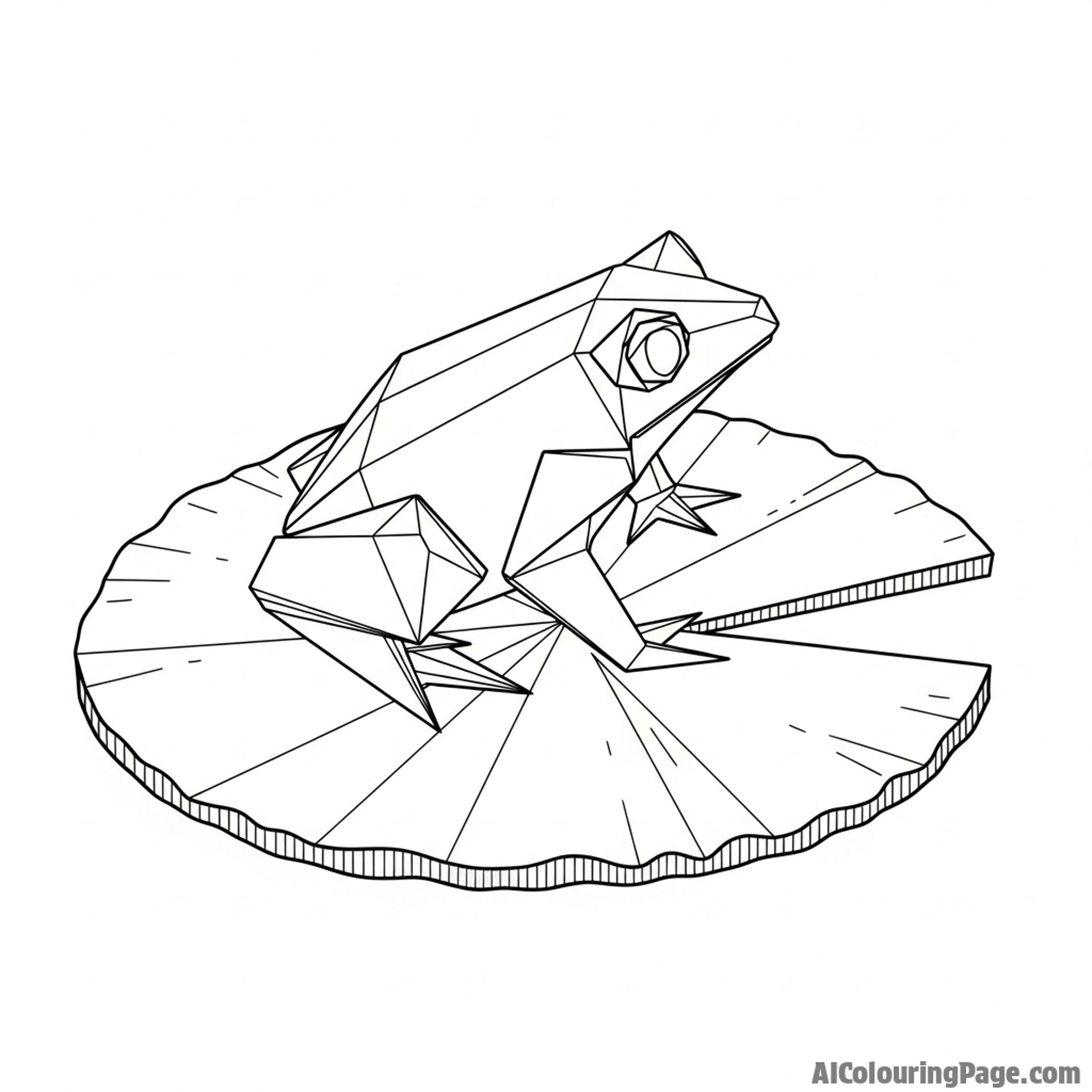 A paper-craft, origami frog sitting on a paper lily pad.