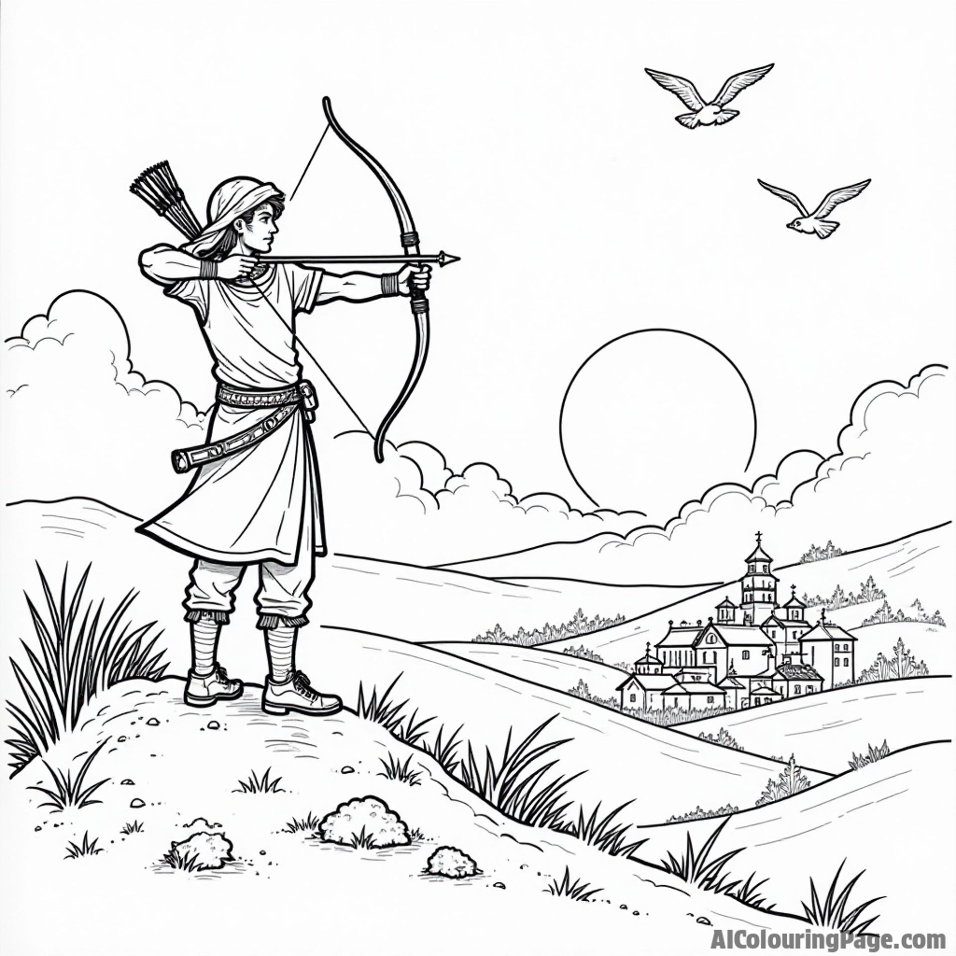 An archer standing on a hilltop, silhouetted against a setting sun, with birds flying in the sky and a distant village below, perfect for children to fill with their imagination.