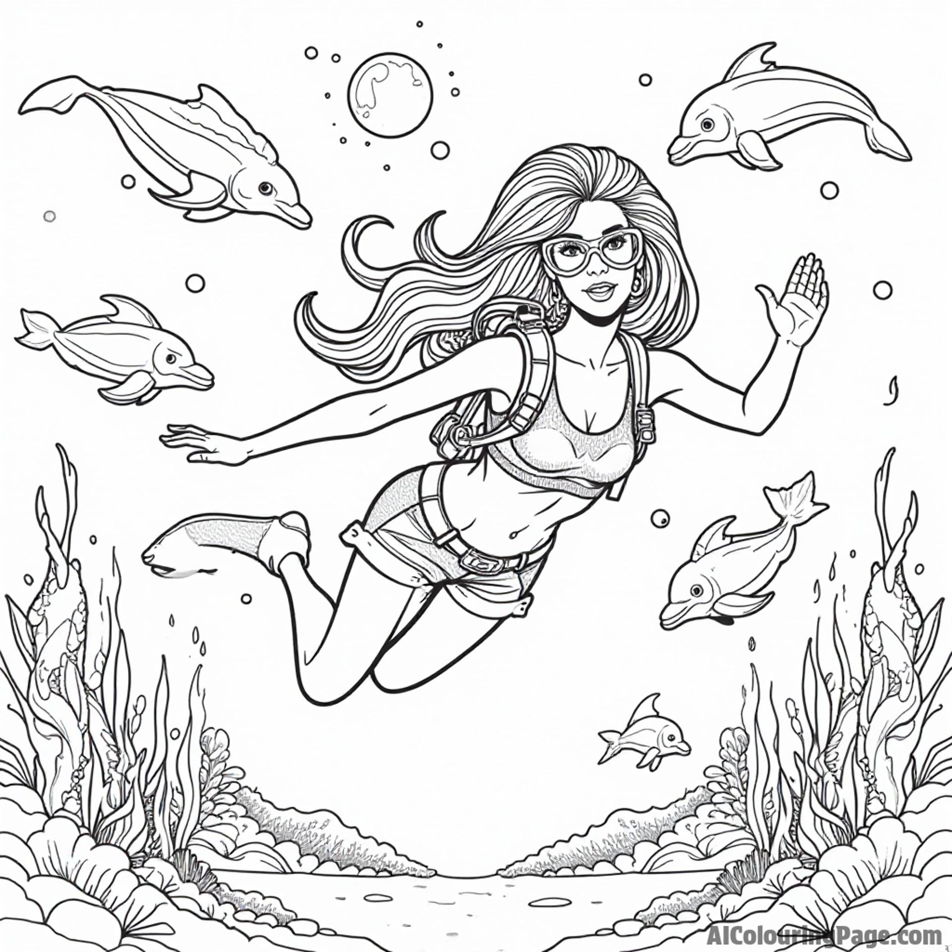 Barbie exploring an underwater world in scuba gear, swimming with dolphins and colorful fish, looking amazed and adventurous.