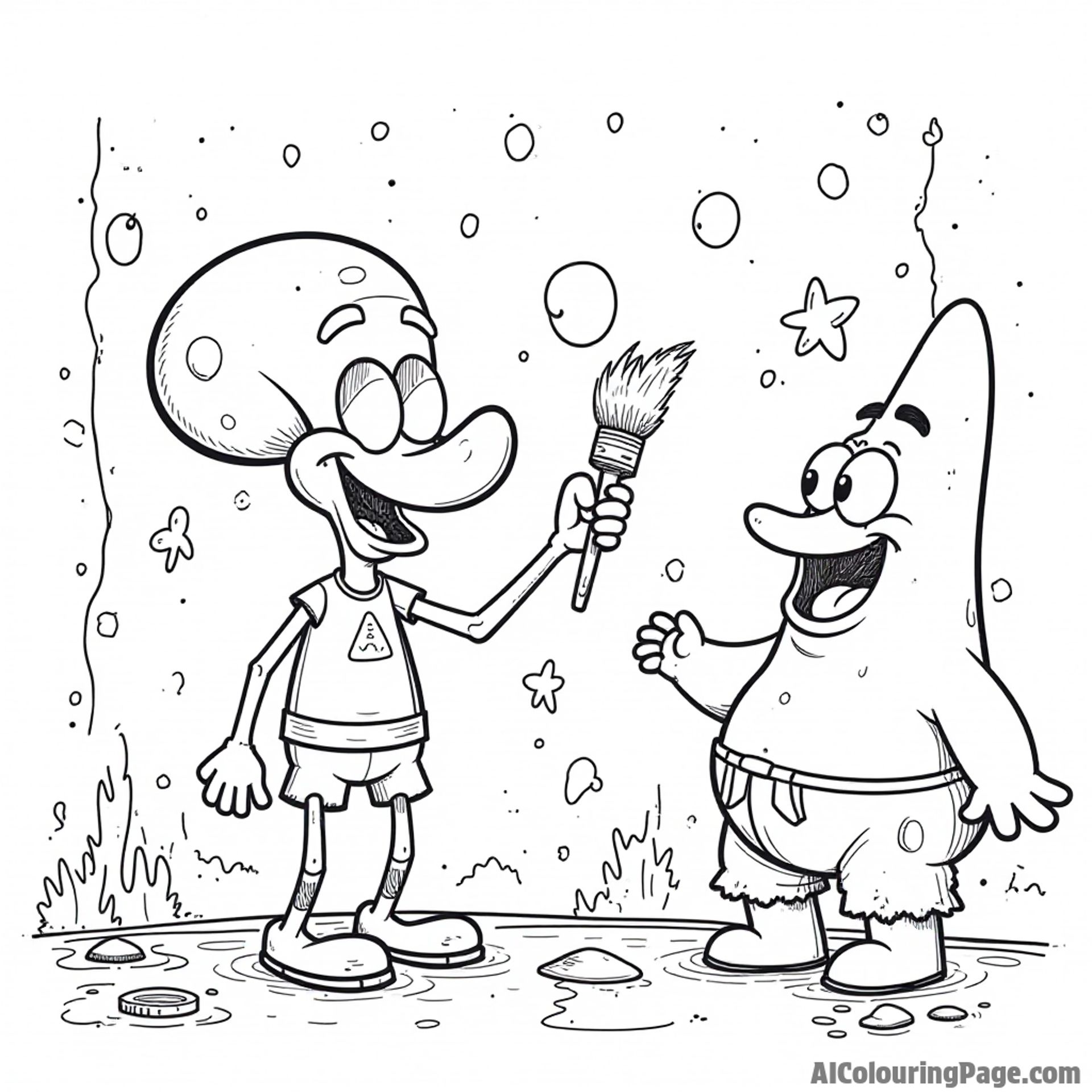 Squidward painting a mural while SpongeBob and Patrick cheer him on with paintbrushes and colorful splashes all around