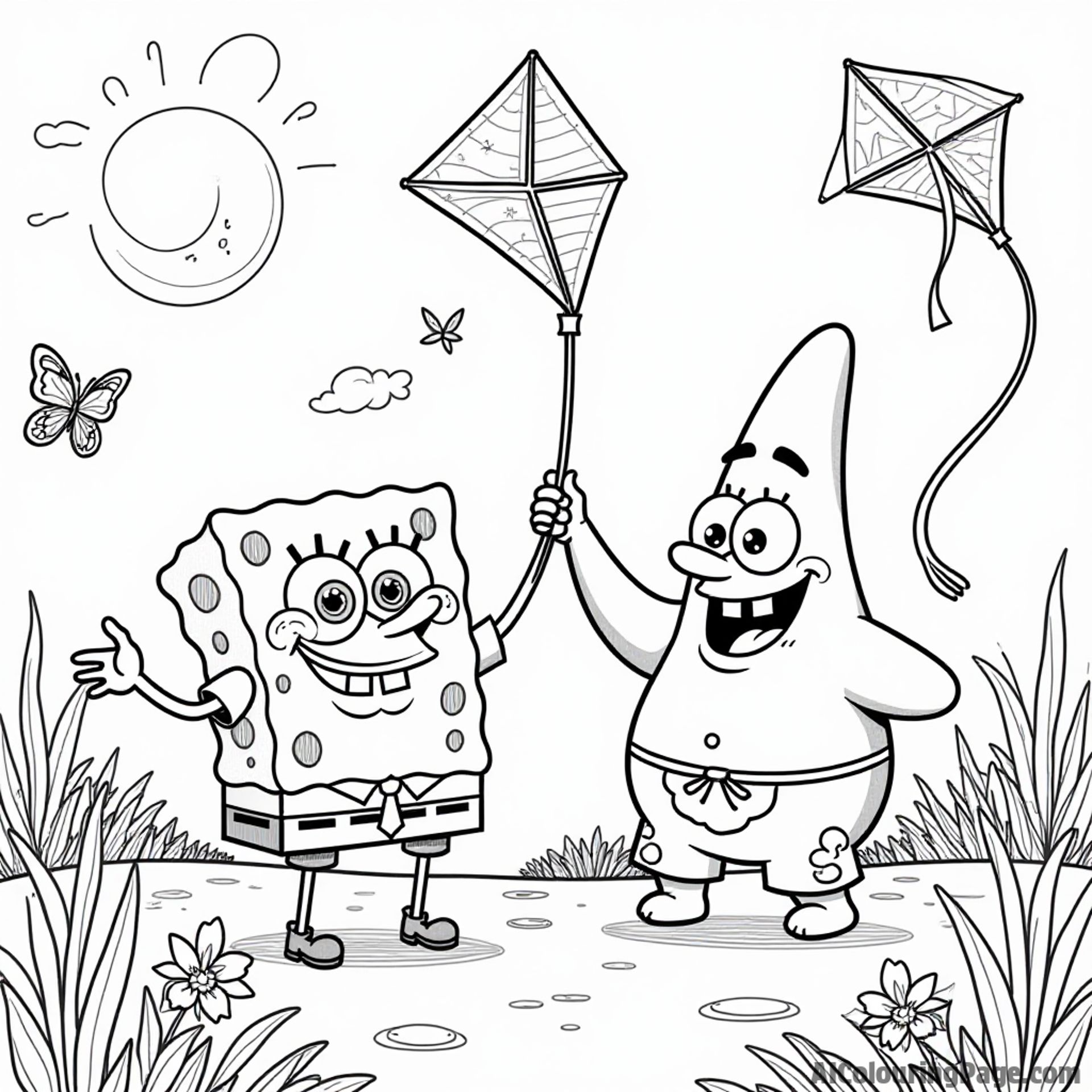 SpongeBob and Patrick flying kites on a sunny day at Jellyfish Fields, surrounded by butterflies and flowers swaying gently