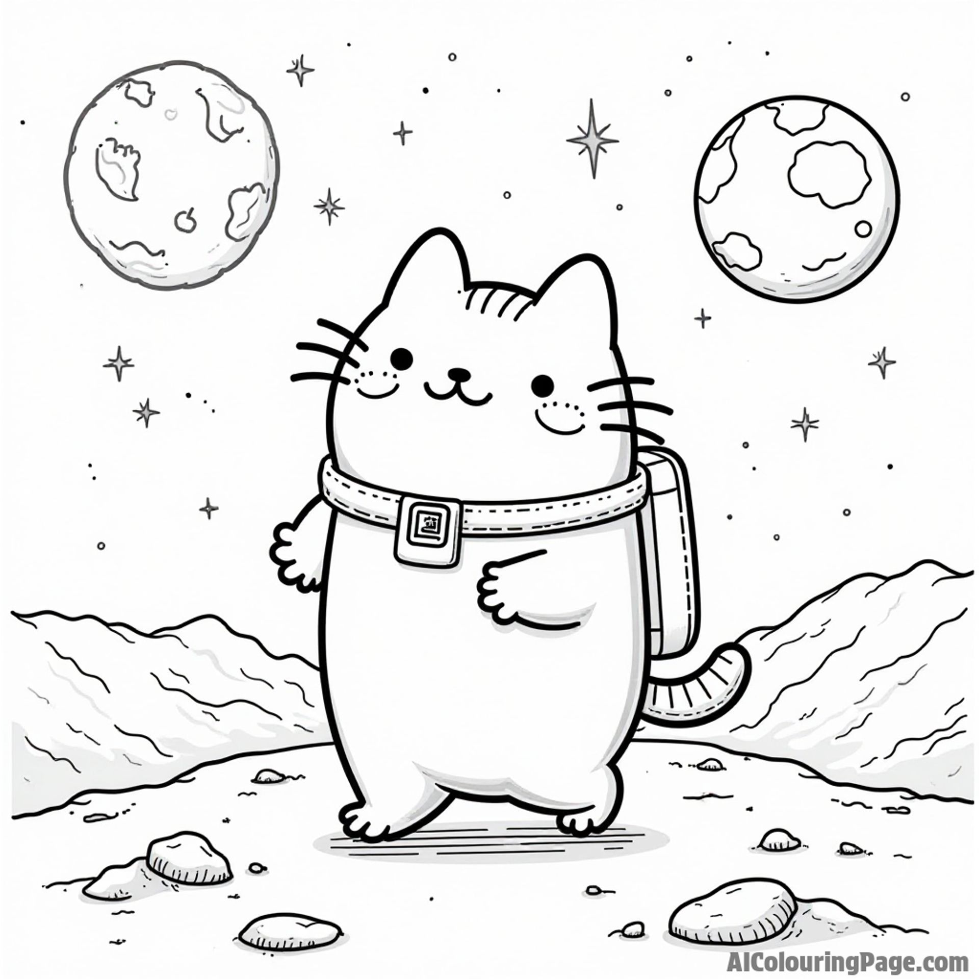 Pusheen as an astronaut walking on the moon with Earth in the background and stars twinkling above