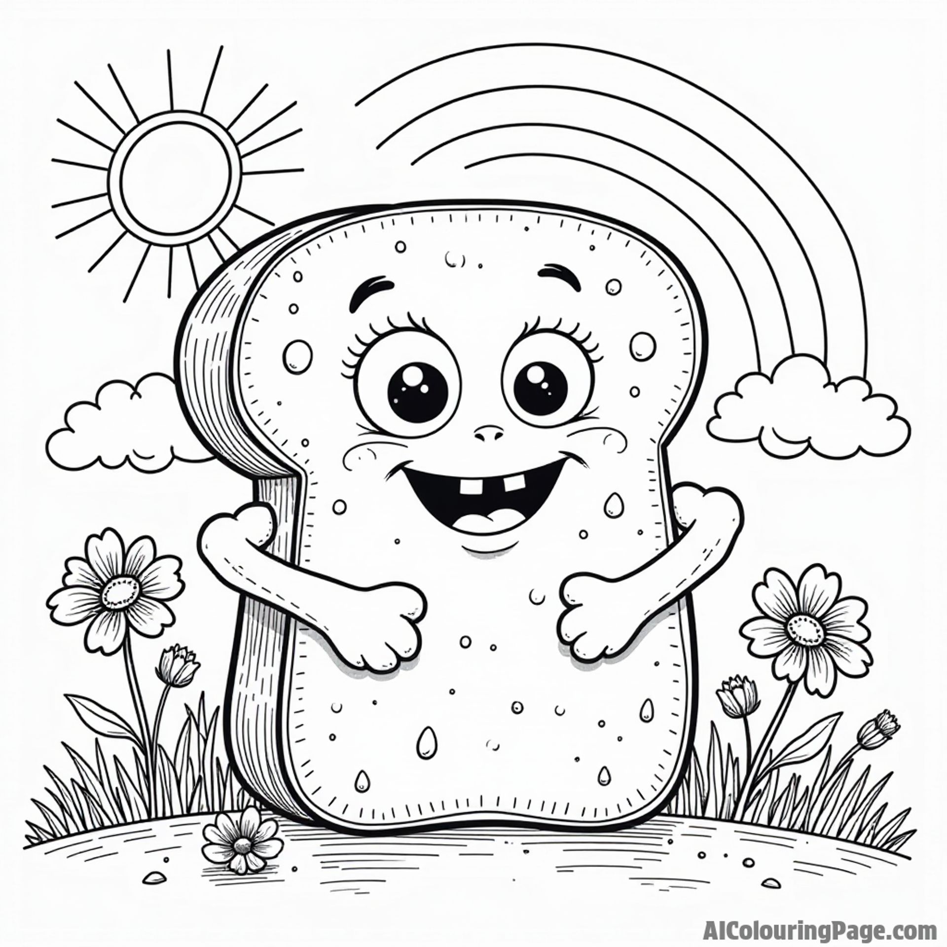 A whimsical bread monster peeking out from behind a giant loaf, with flowers and a rainbow in a sunny background.