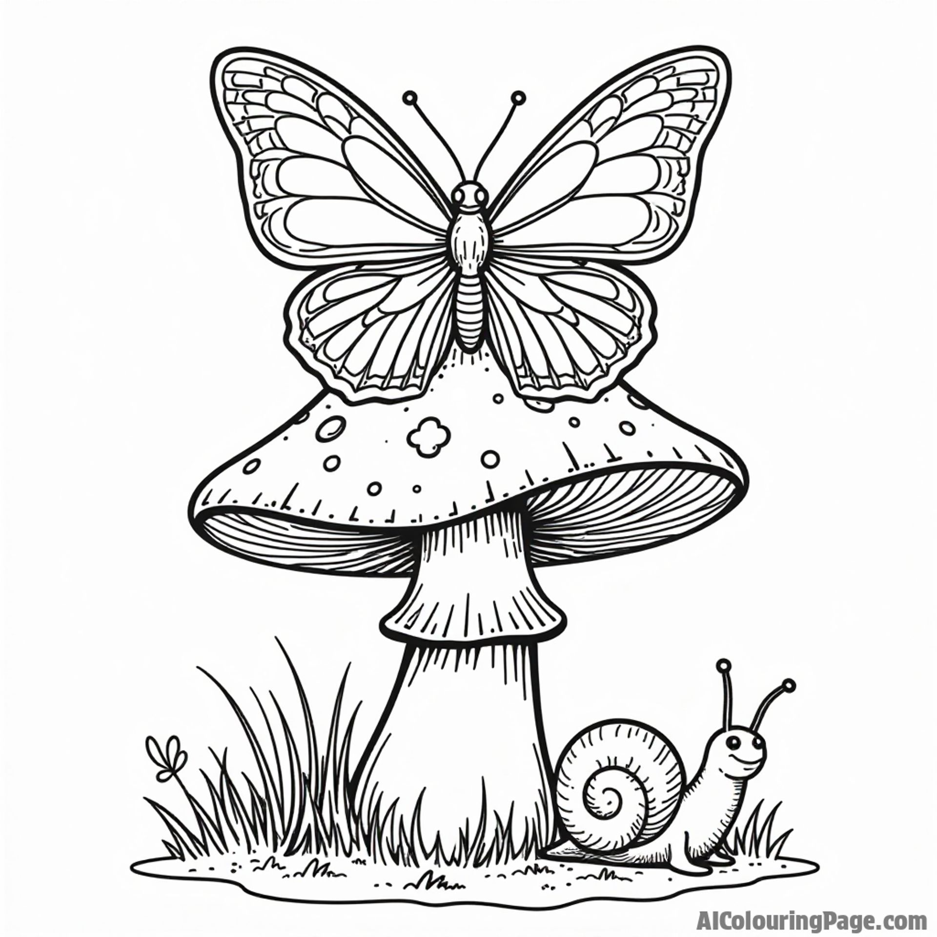 A butterfly sitting atop a rainbow-colored mushroom with a friendly snail beside it, all outlined for coloring excitement.