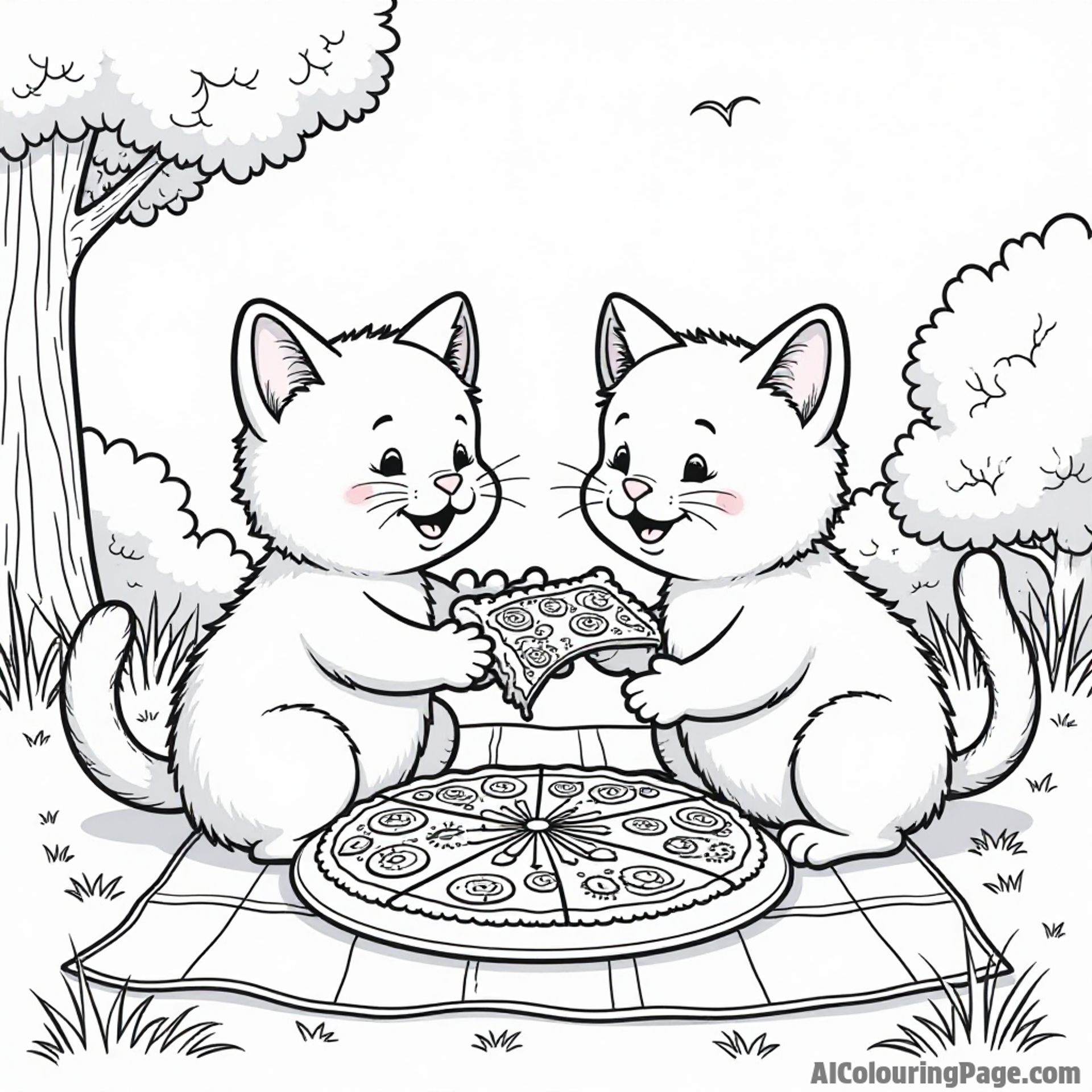 Two playful cats sharing a large pizza on a picnic blanket, with trees and flowers in the background, enjoying their meal.