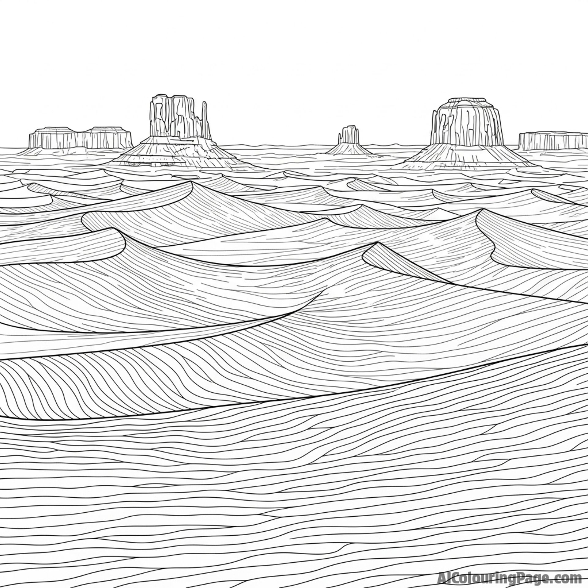 Vast desert, wind sculpted dunes, distant mesas.