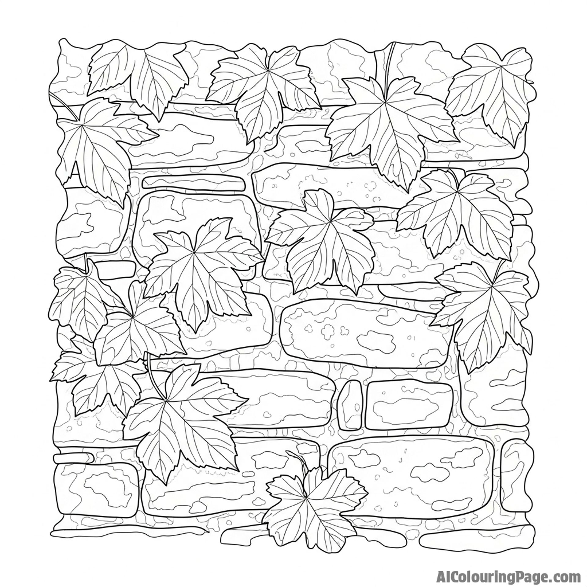 Leaves layered on a stone wall, blurring the lines between nature and architecture.