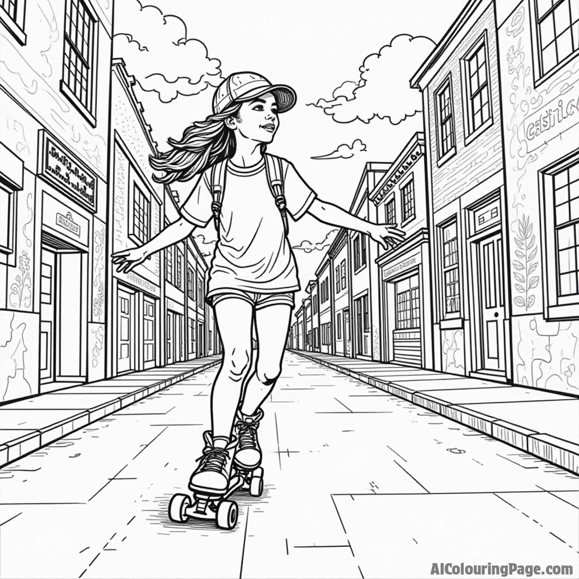 A young girl roller-skating down a vibrant street filled with murals, capturing the spirit of urban sports and creativity in a dynamic coloring page for children to explore.