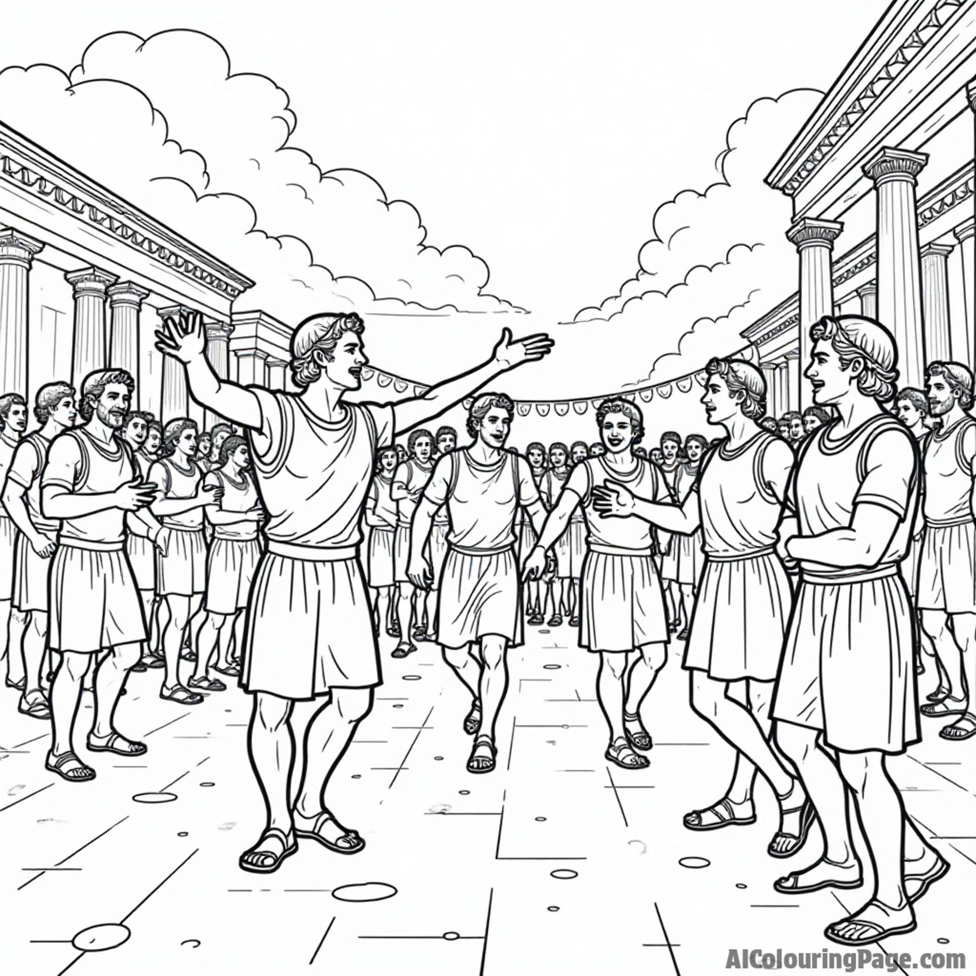 A Roman festival scene with dancers, musicians, and colorful decorations, capturing the joy and celebration of ancient culture, making a lively coloring page for kids.