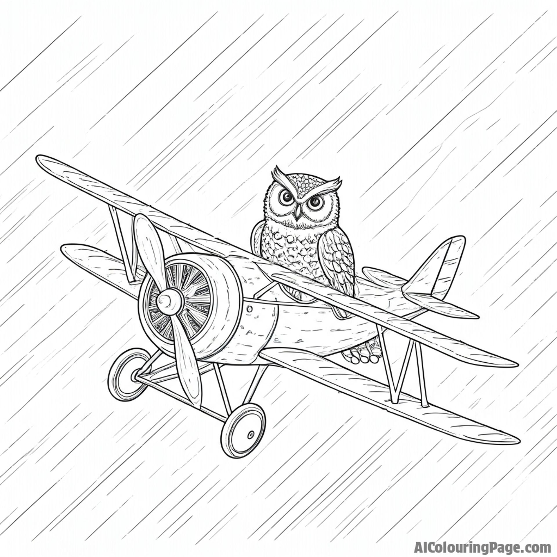 An owl piloting a biplane through a stormy sky.