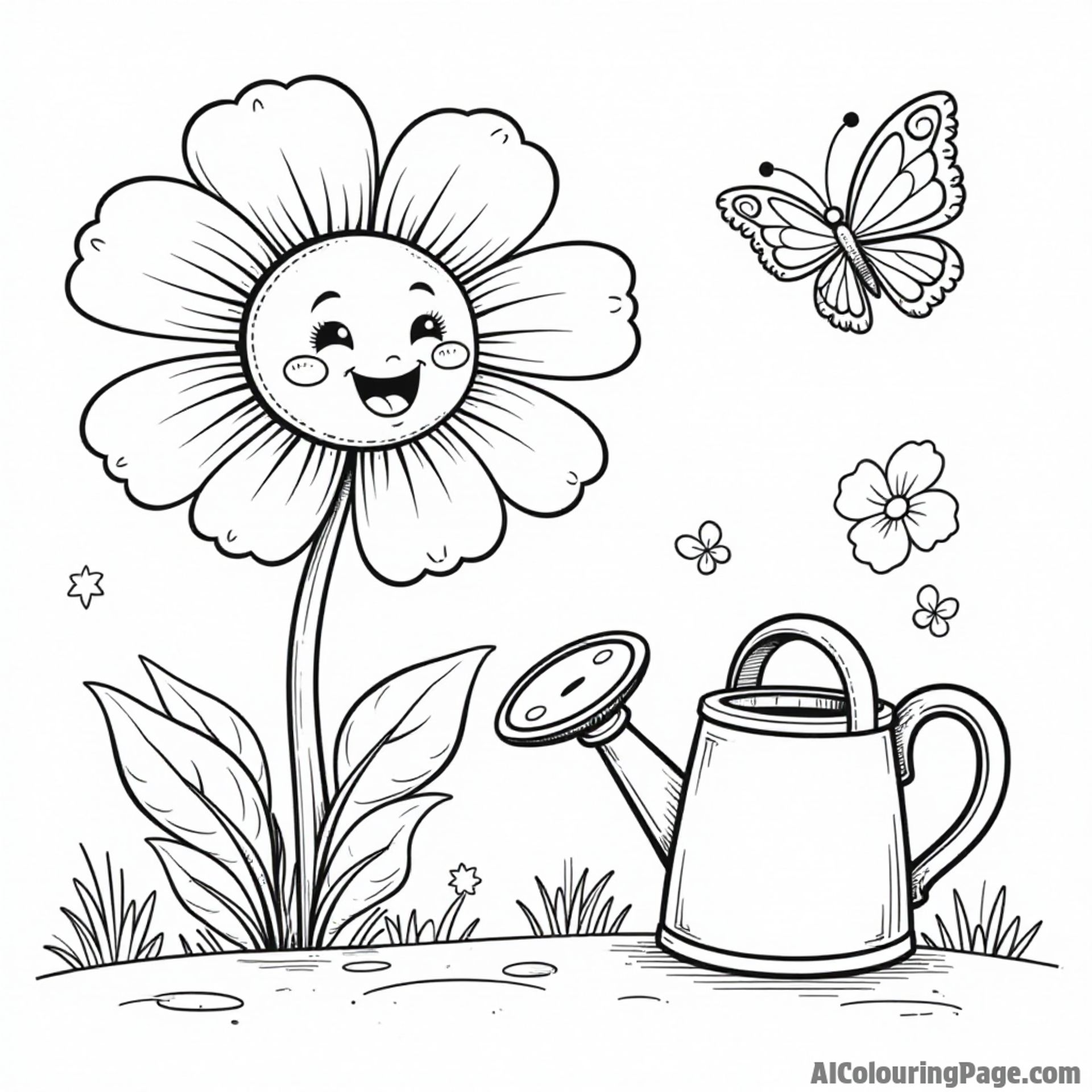 A vibrant flower shop with a smiling flower character, a cheerful watering can, and a playful butterfly fluttering around.