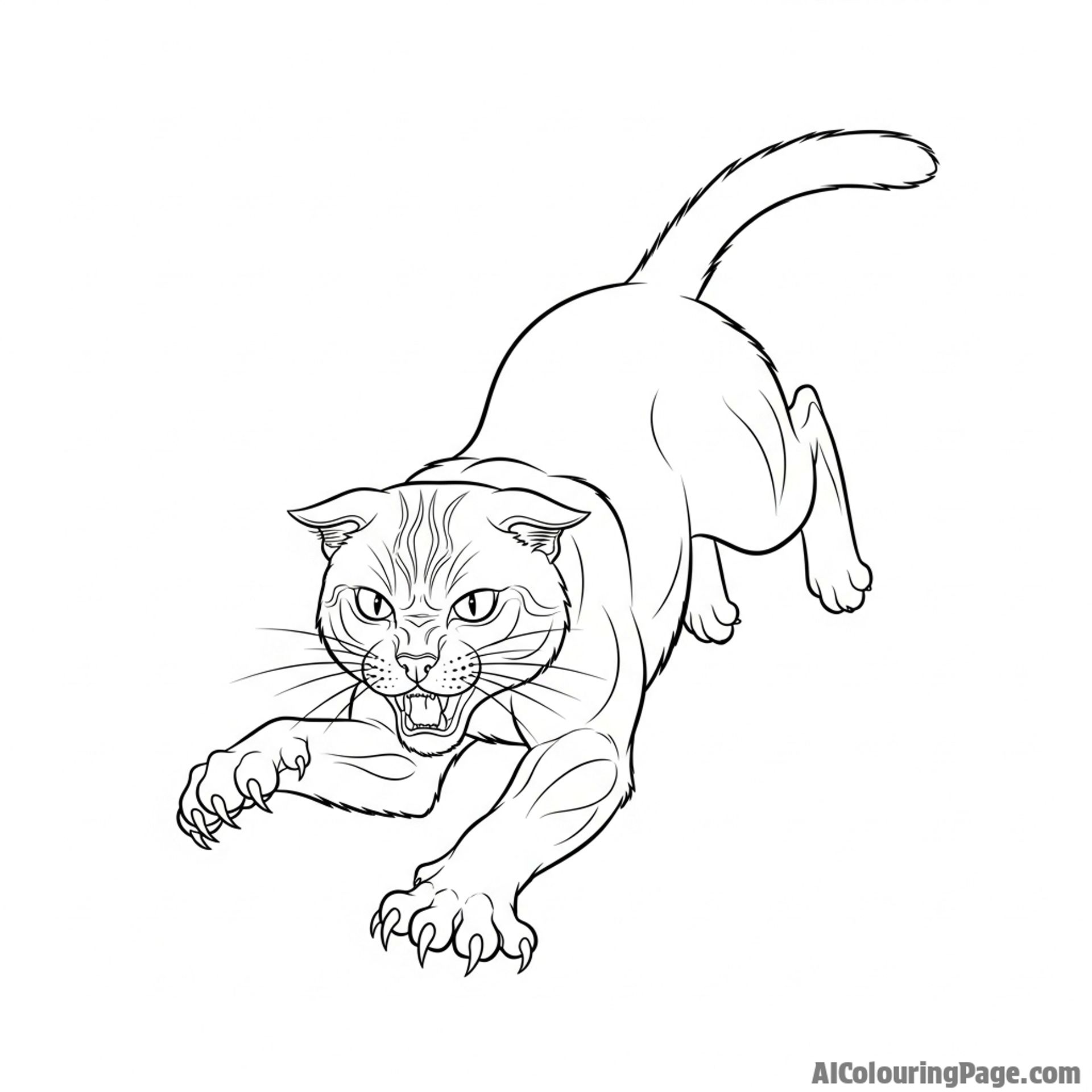 A fierce cat in mid-pounce, muscles tensed, claws extended.