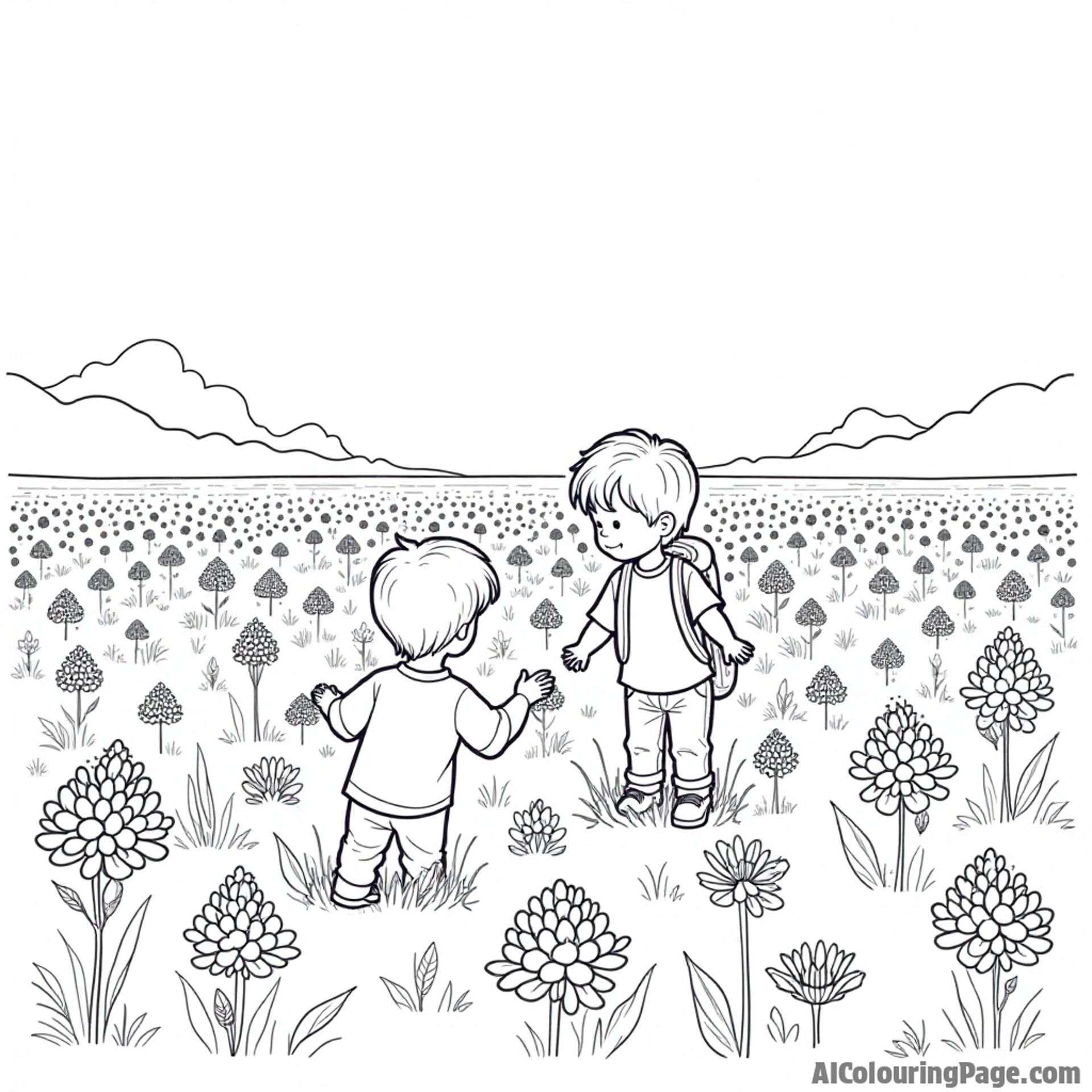 Children playing with a giant bluebonnet flower field, surrounded by Texas wildlife, creating a fun coloring adventure for kids.