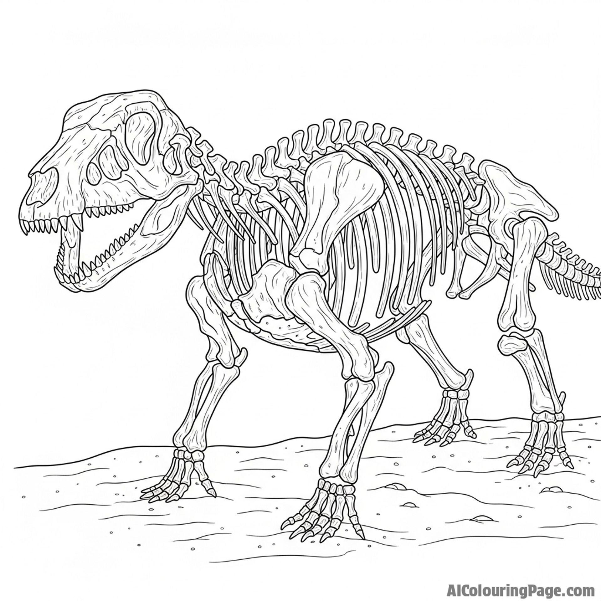 Skeleton of a large animal, weathered bones, sandy ground.