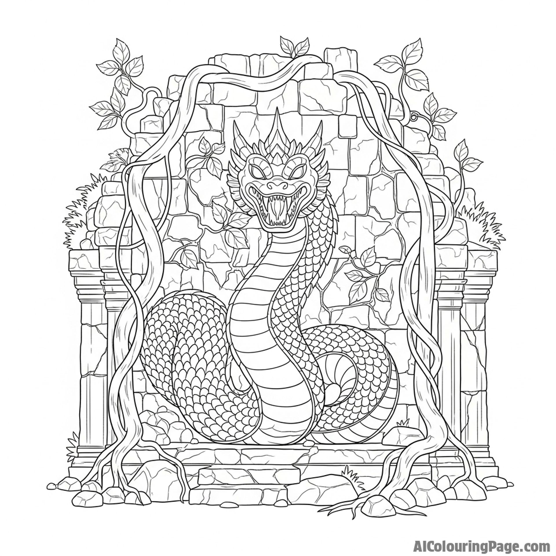 A giant serpent god carved into the weathered stone wall of an ancient, vine-covered temple.