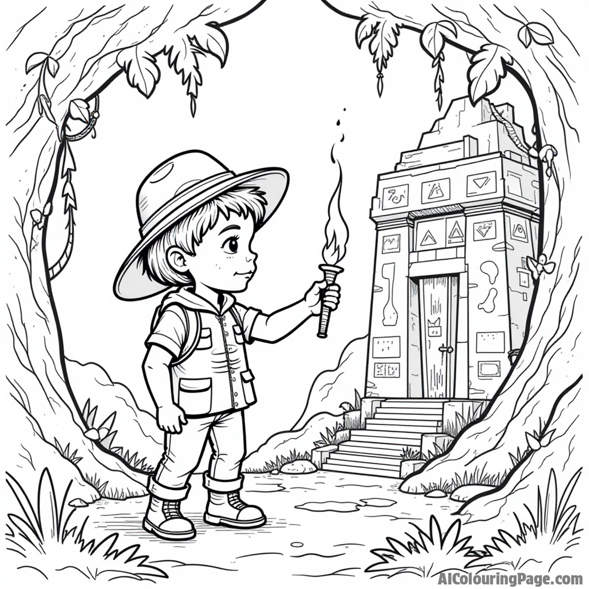 A little boy in an explorer hat, discovering an ancient ruin, holding a torch and surrounded by vines and mysterious glyphs for an archaeological adventure coloring page.
