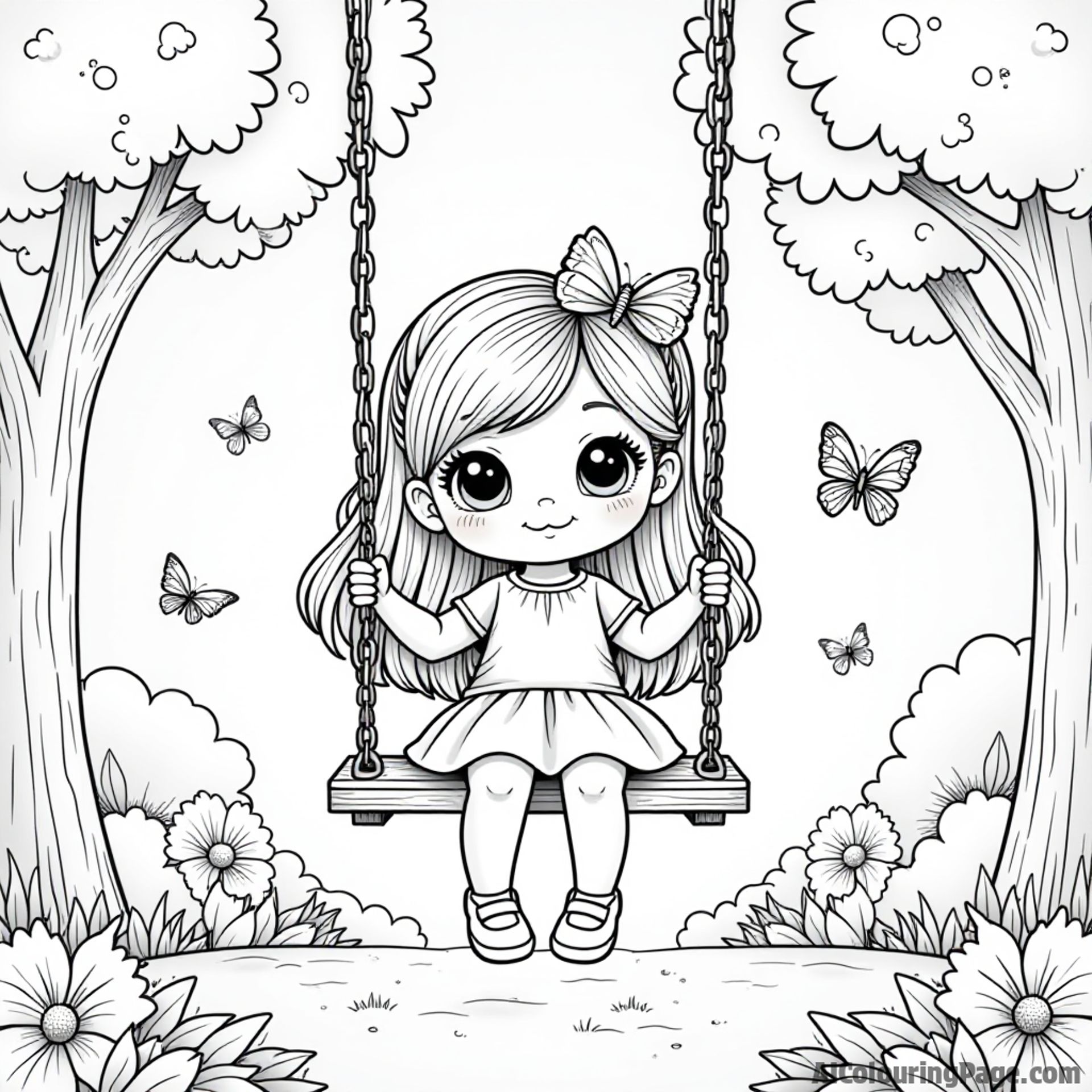 A cute doll sitting on a swing in a sunny park, with trees and butterflies flying around, perfect for kids to color and enjoy.