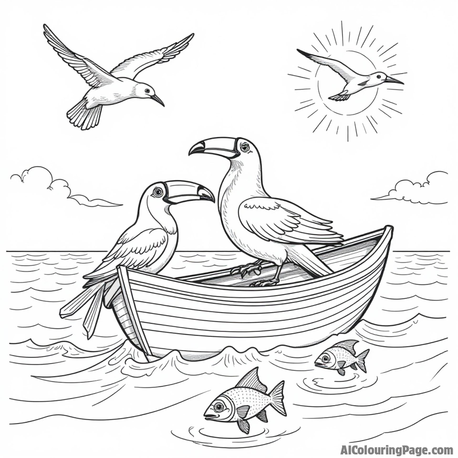 A toucan sailing on a boat with fish jumping out of the water and seagulls flying above in a sunny ocean.
