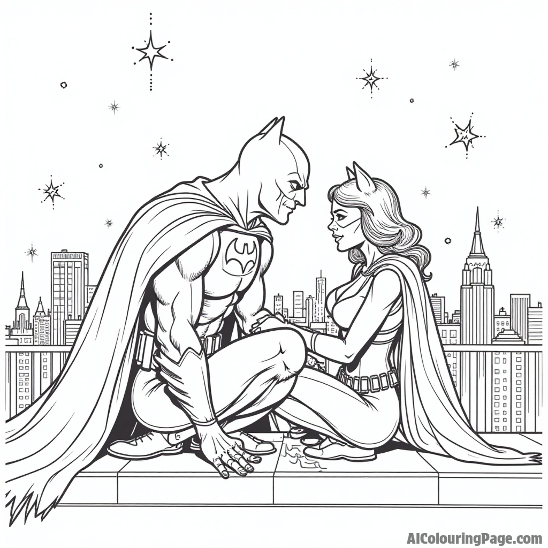 Batman and Catwoman sharing a playful moment on a rooftop with a city skyline and stars twinkling above.