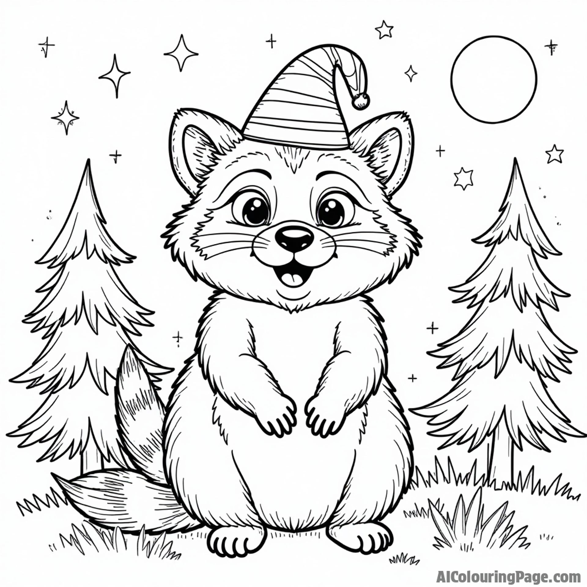 A playful raccoon wearing a Virginia hat, surrounded by pine trees and a starry night sky, perfect for coloring fun.