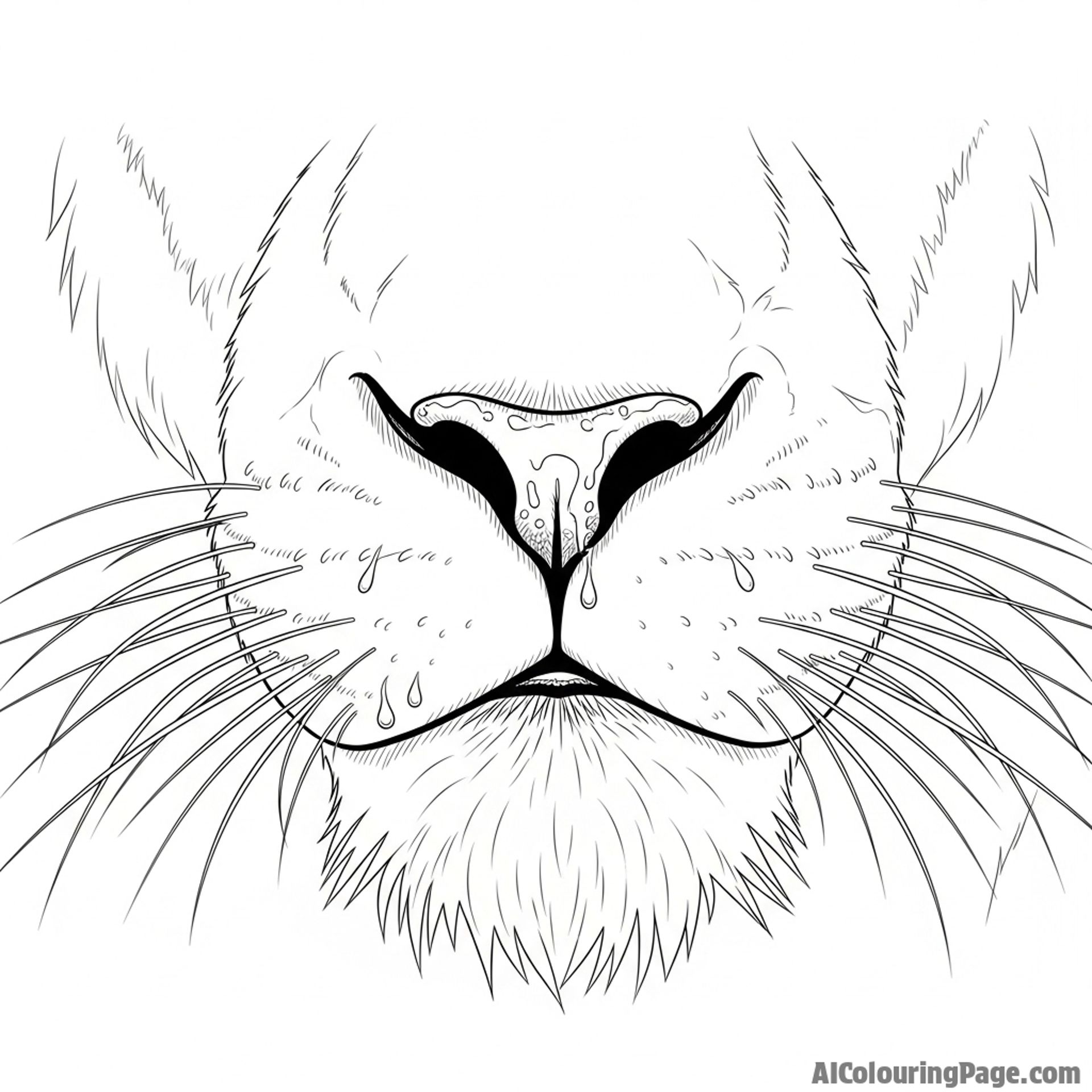 A close-up of a lion's wet nose and whiskers after drinking from a puddle.