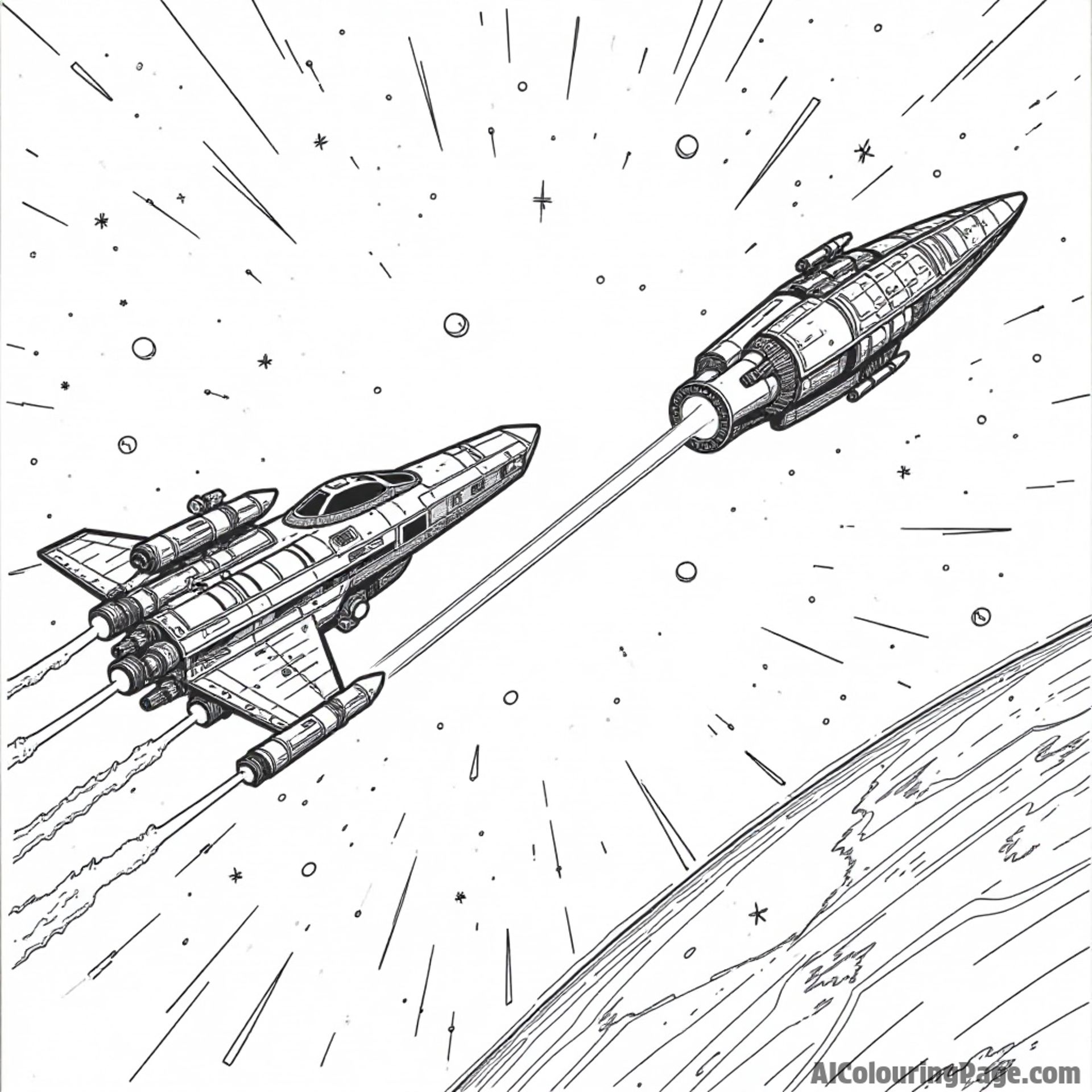 A fierce space battle scene with two ships exchanging laser beams amidst a backdrop of distant galaxies and stars.