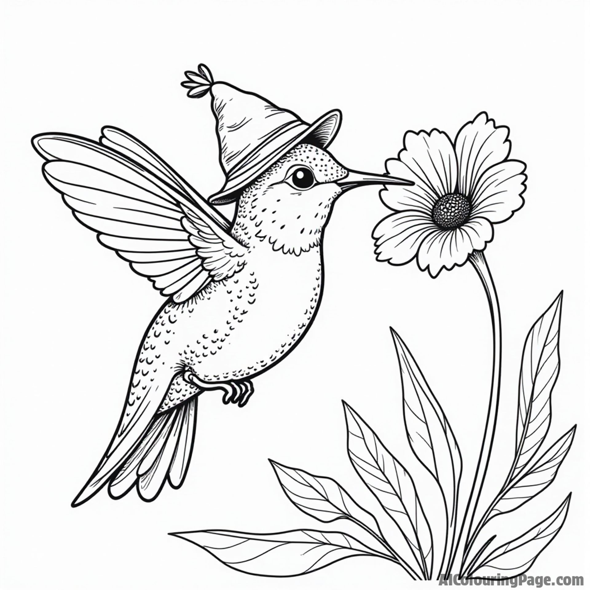 A silly hummingbird wearing a tiny hat while sipping nectar from a flower in a garden.