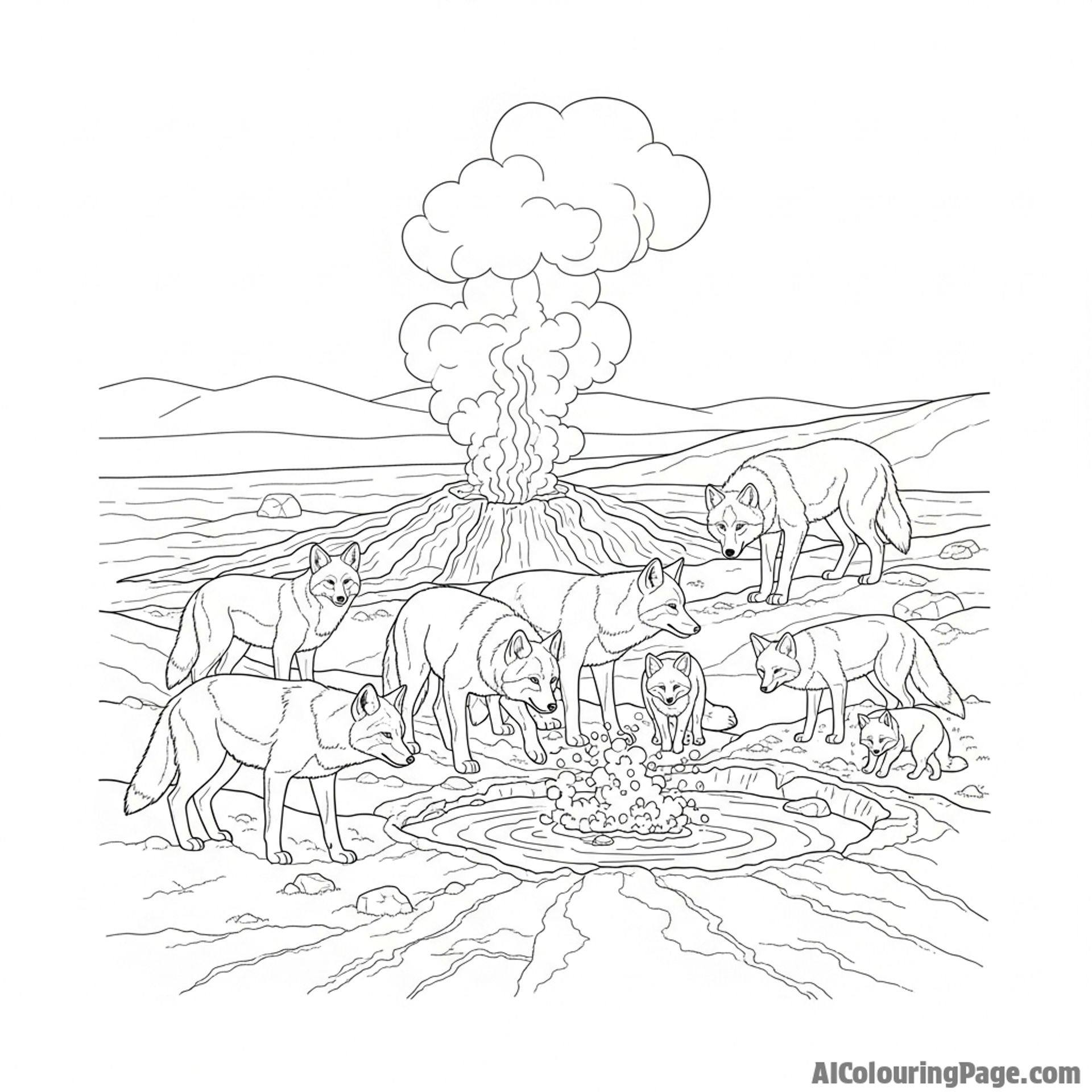 Wild animals scavenging near a geothermal vent.