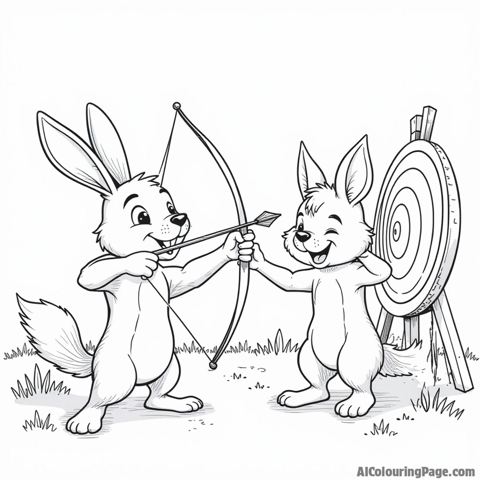 A group of playful animals, including a rabbit and a squirrel, taking turns shooting arrows at a target, fostering teamwork and fun in a lighthearted archery adventure.