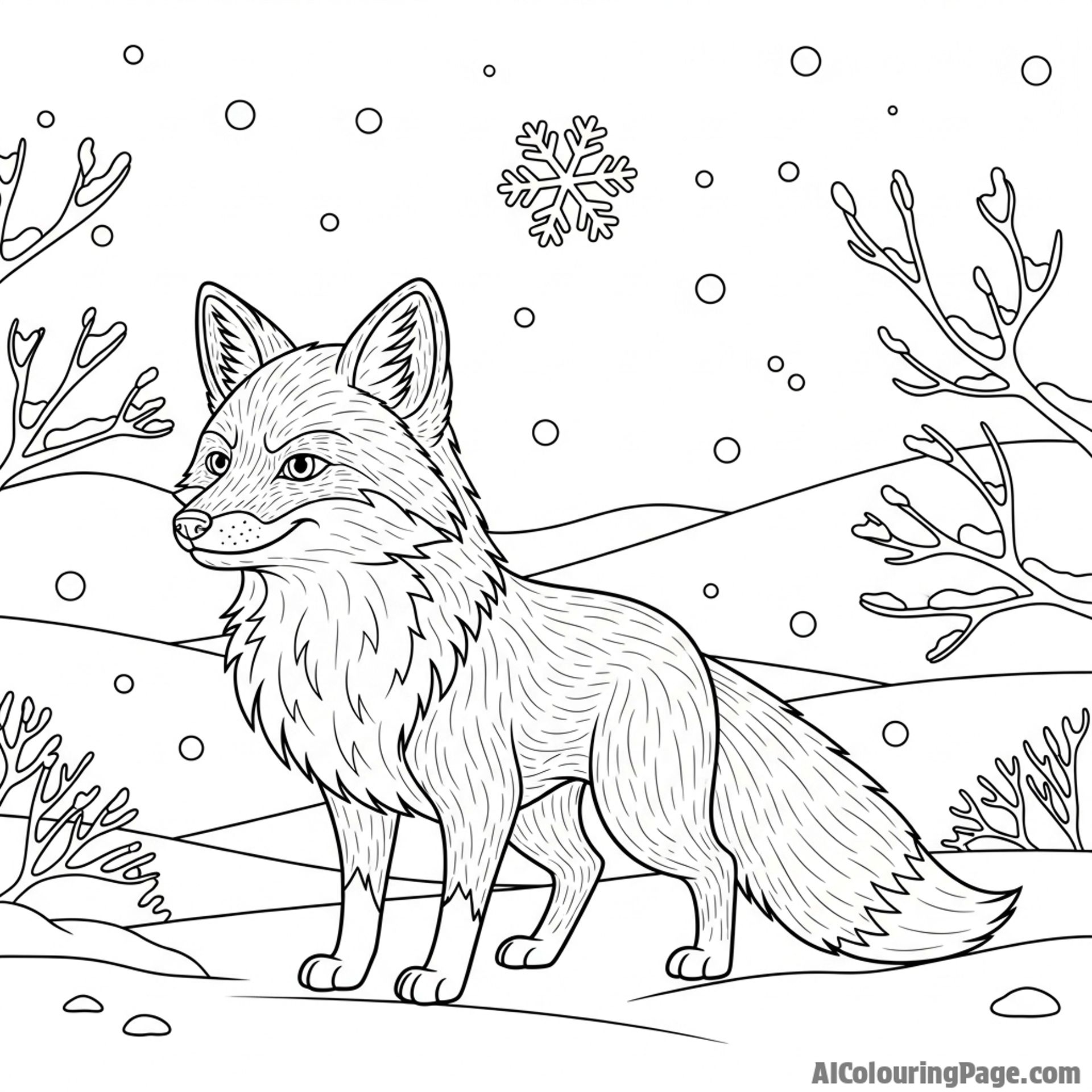 A fox with a cunning expression, its fur detailed, captured in a wintery landscape