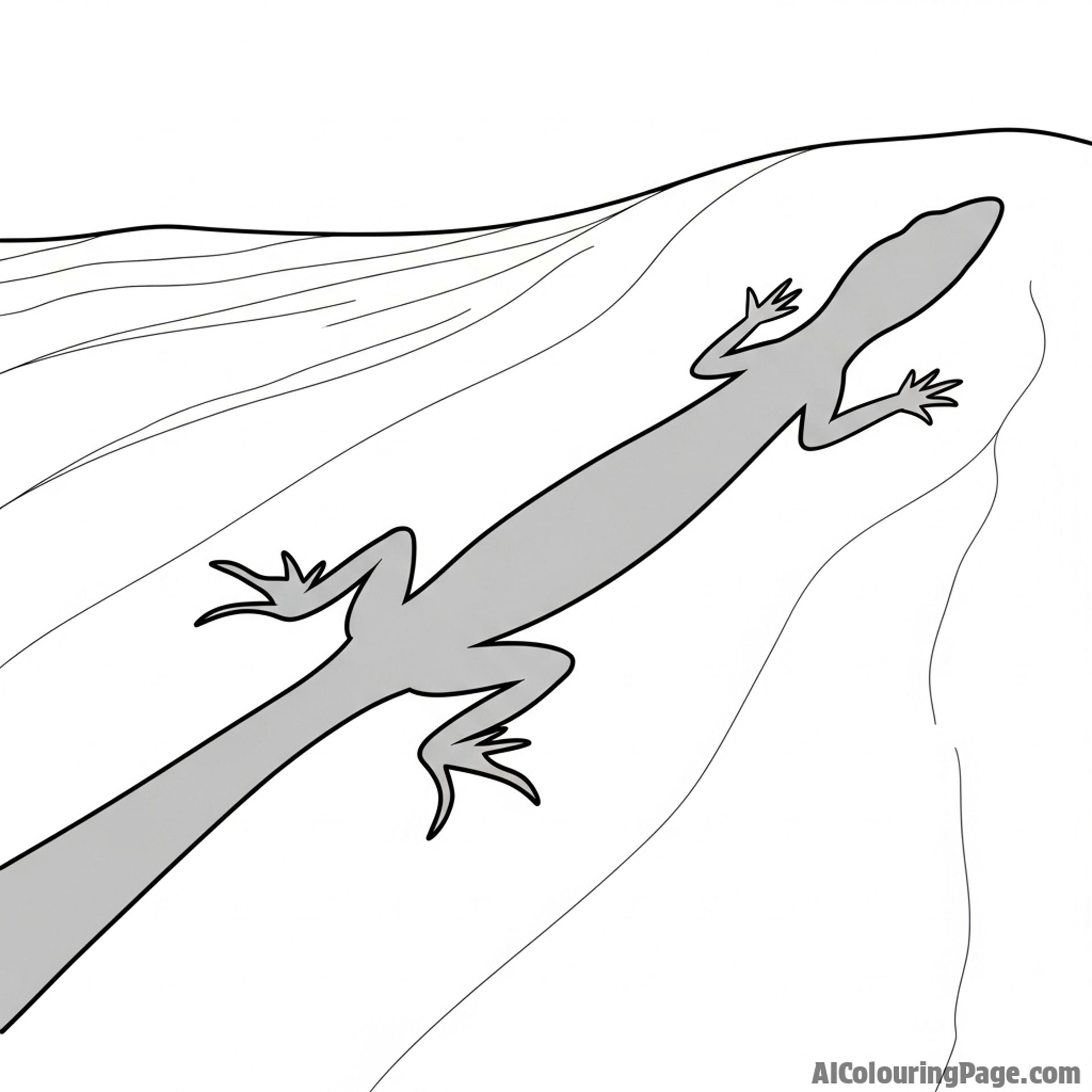 A lizard's shadow cast long and distorted on a sandy dune.