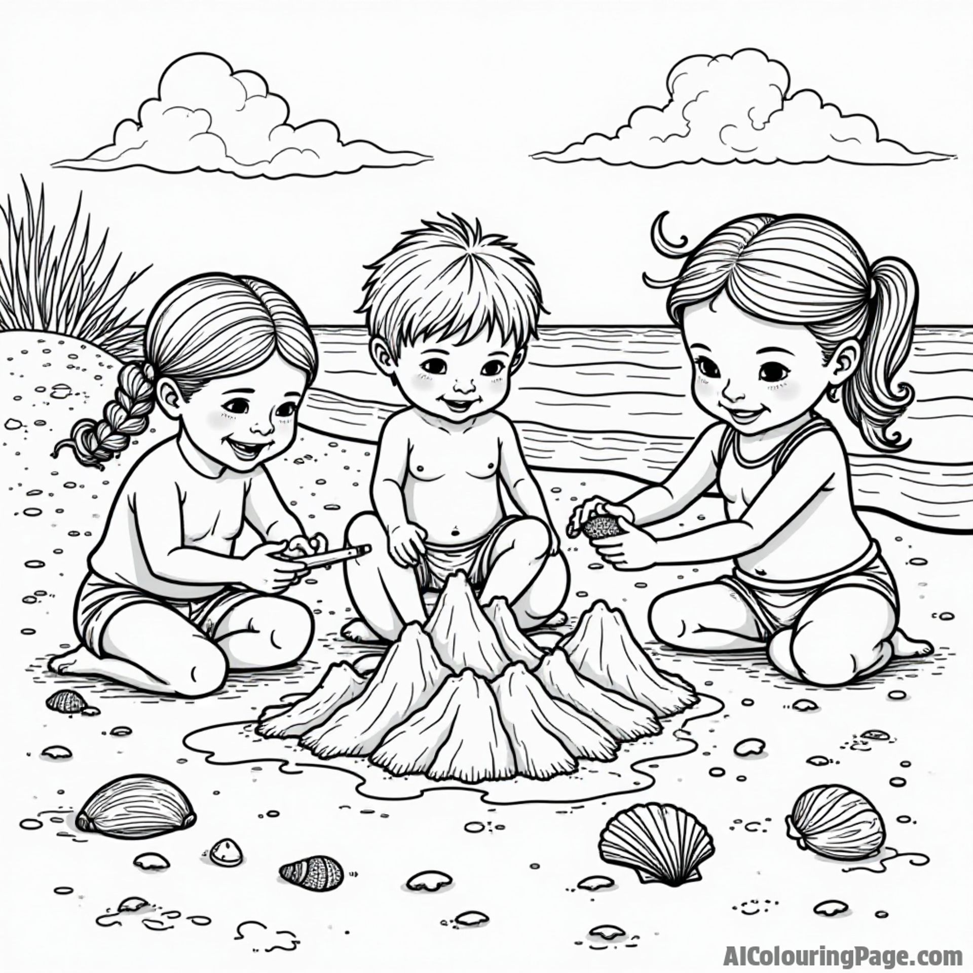 A fun-filled beach scene with children building sandcastles, collecting seashells, and playing in the waves, highlighting Rhode Island's summer activities.