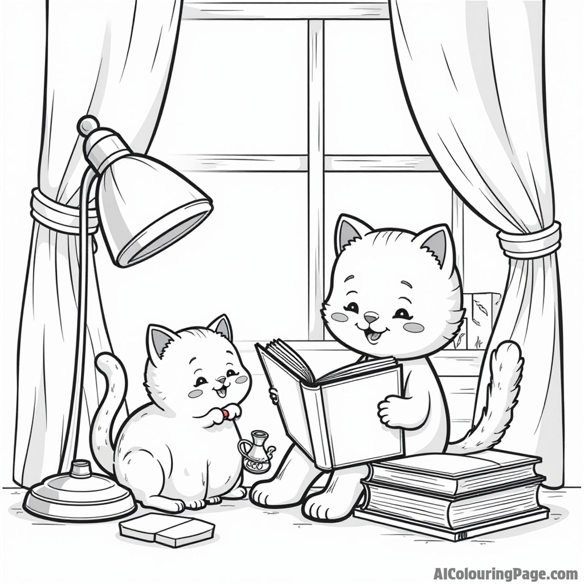 A cozy reading nook with a happy book character, a playful cat, and a cheerful lamp illuminating the scene.