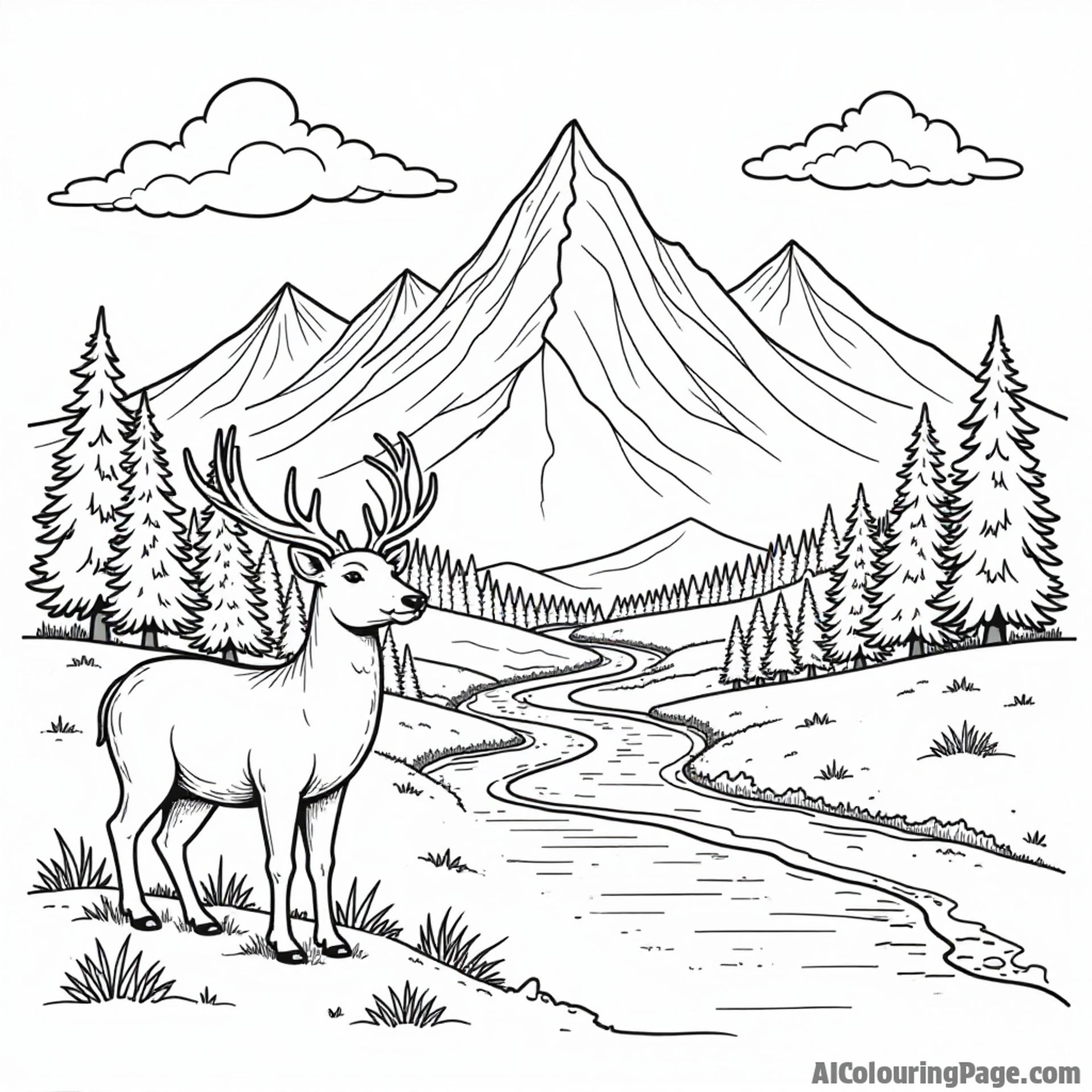 A majestic Utah mountain scene with a cute deer, a winding river, and fluffy clouds for kids to color.