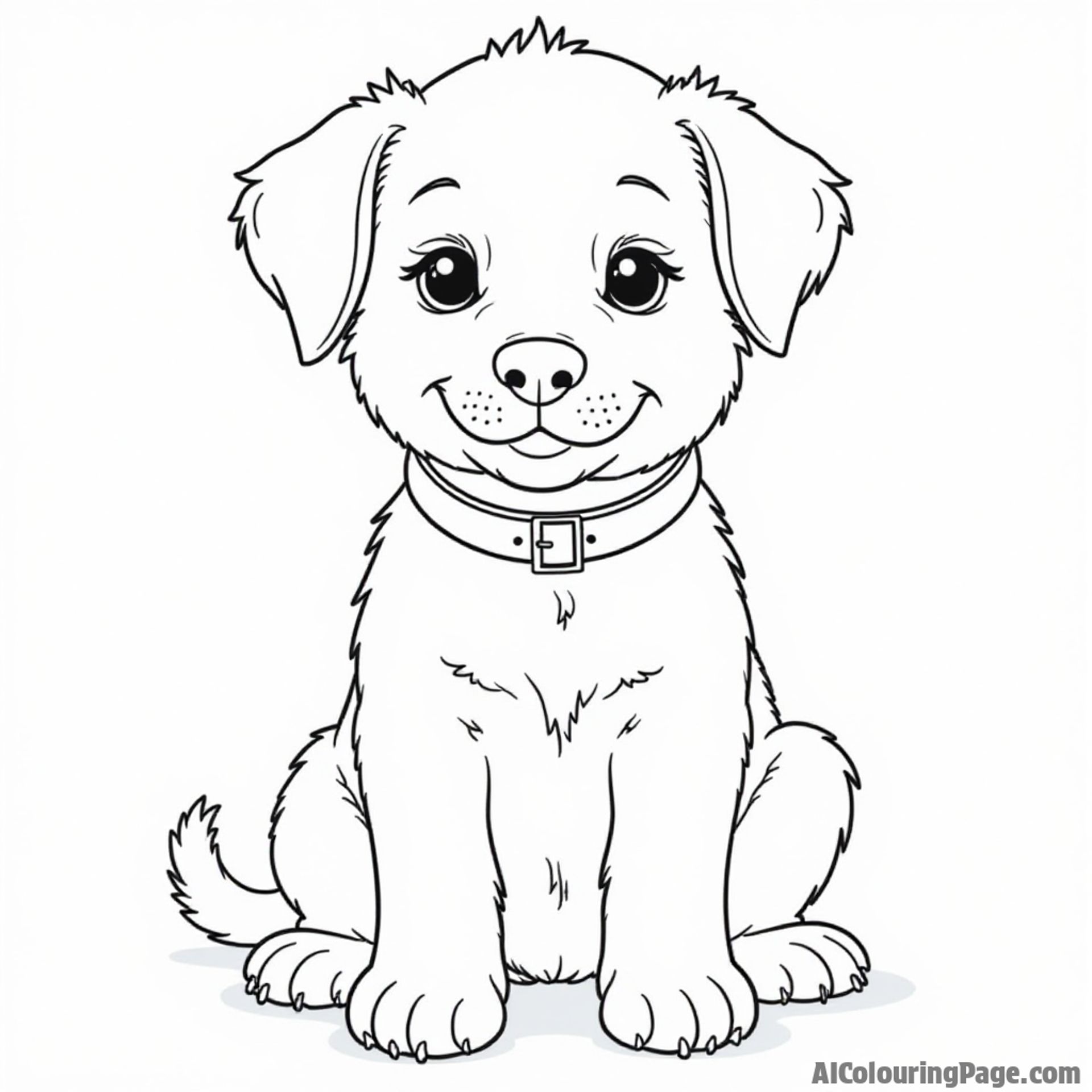 Puppy coloring page, sitting obediently, wearing a collar, attentive look.