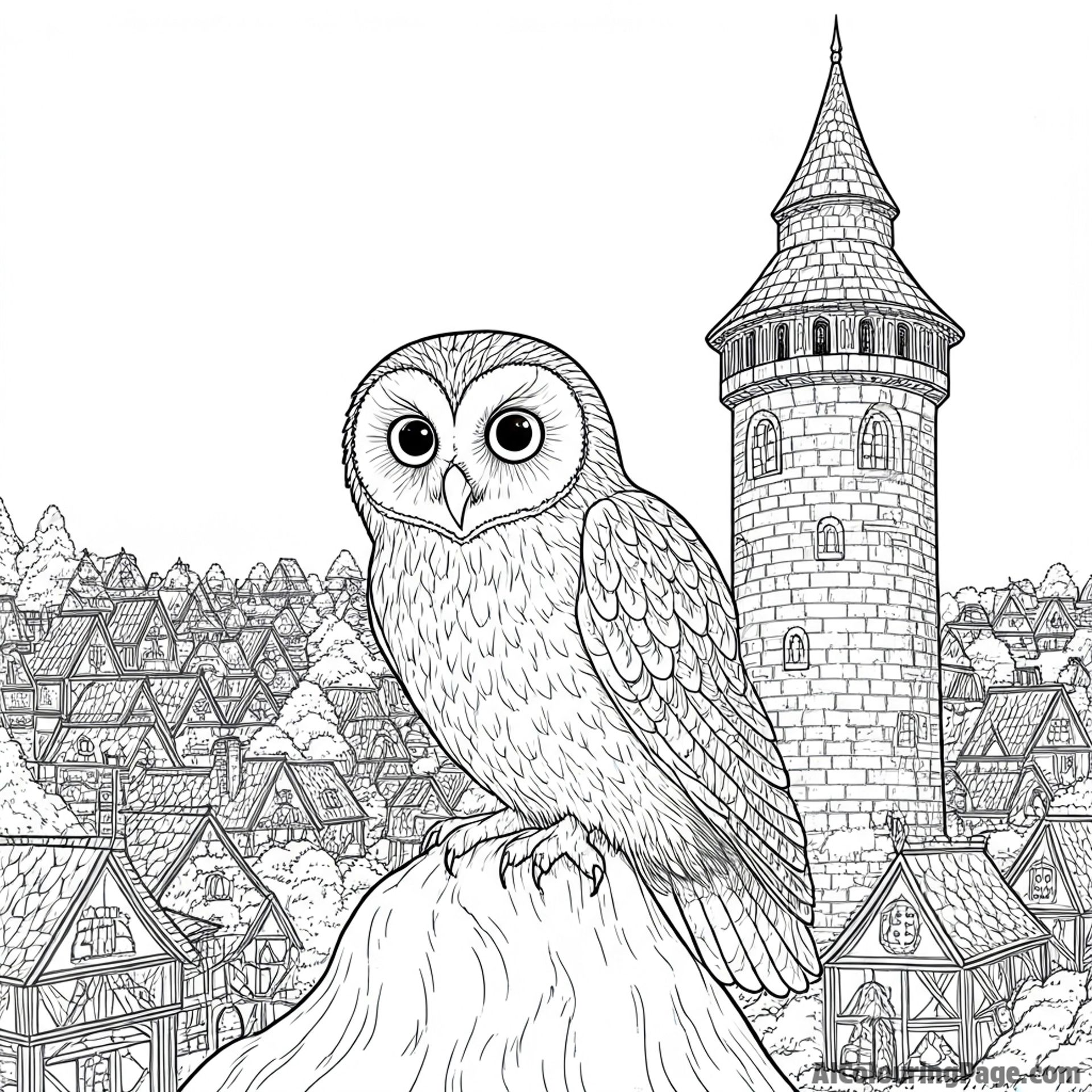 An owl watching over a sleeping village from a high tower.
