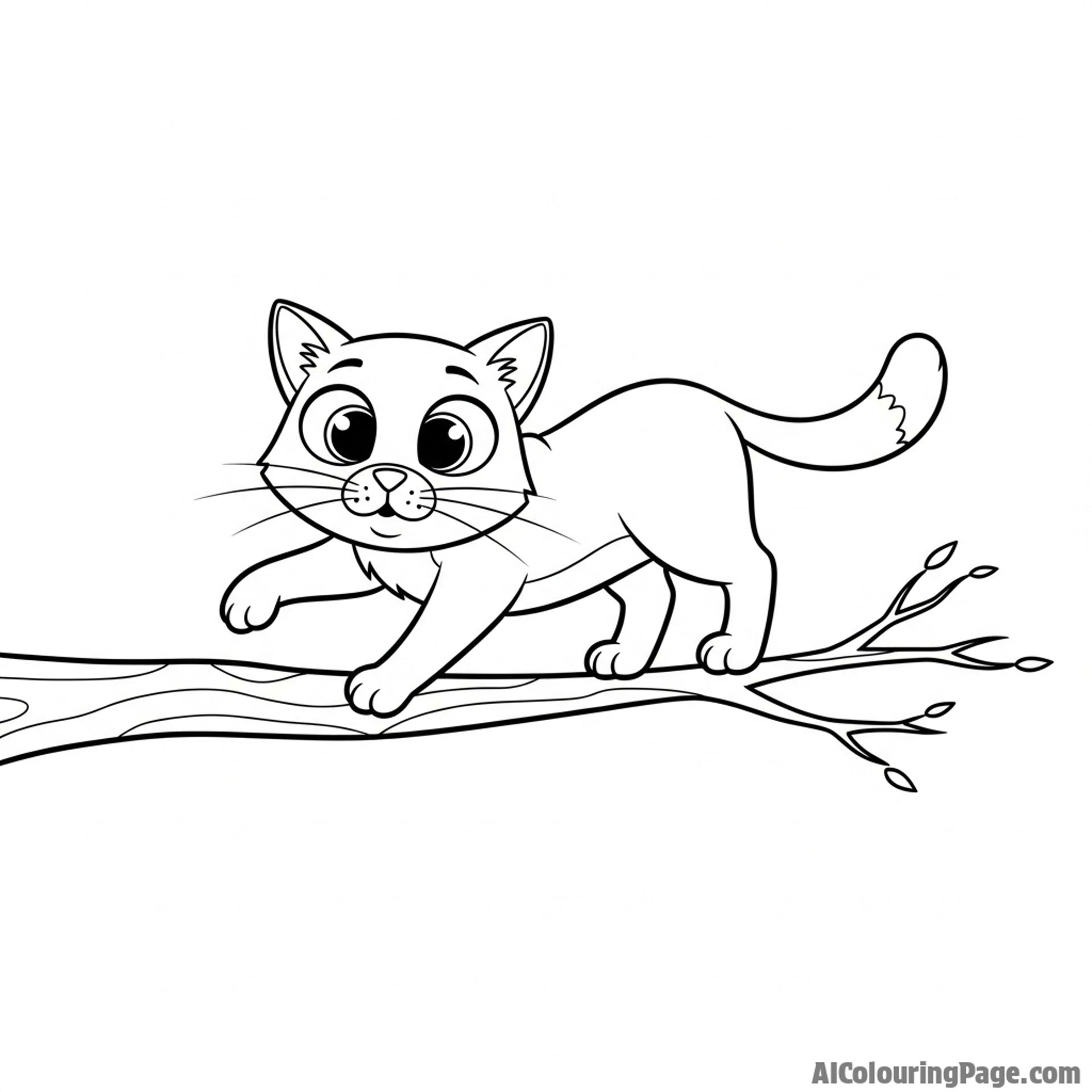 A cat balancing perfectly on a narrow tree branch high above the ground.