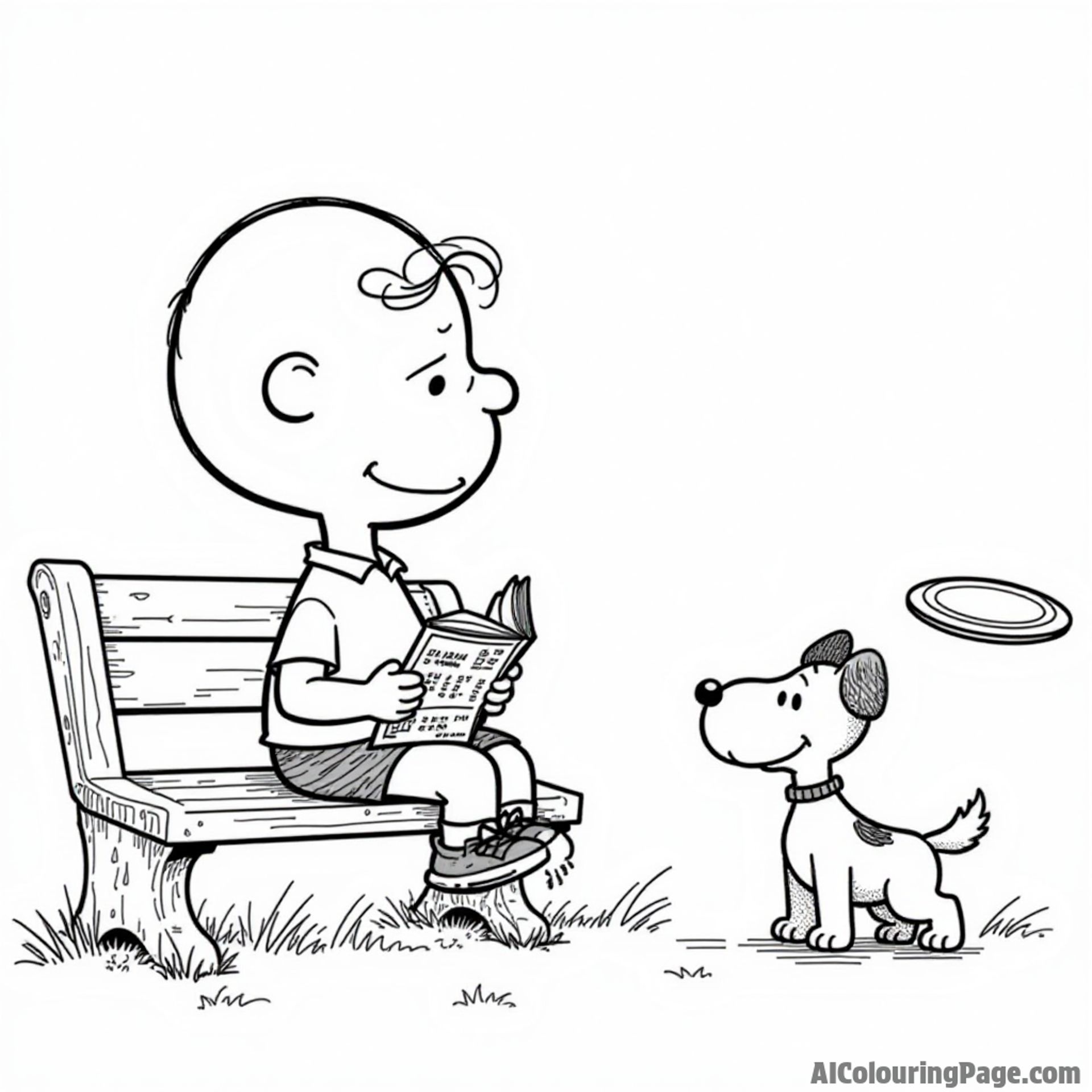 Charlie Brown sitting on a bench reading a comic book while a dog plays fetch nearby with a frisbee