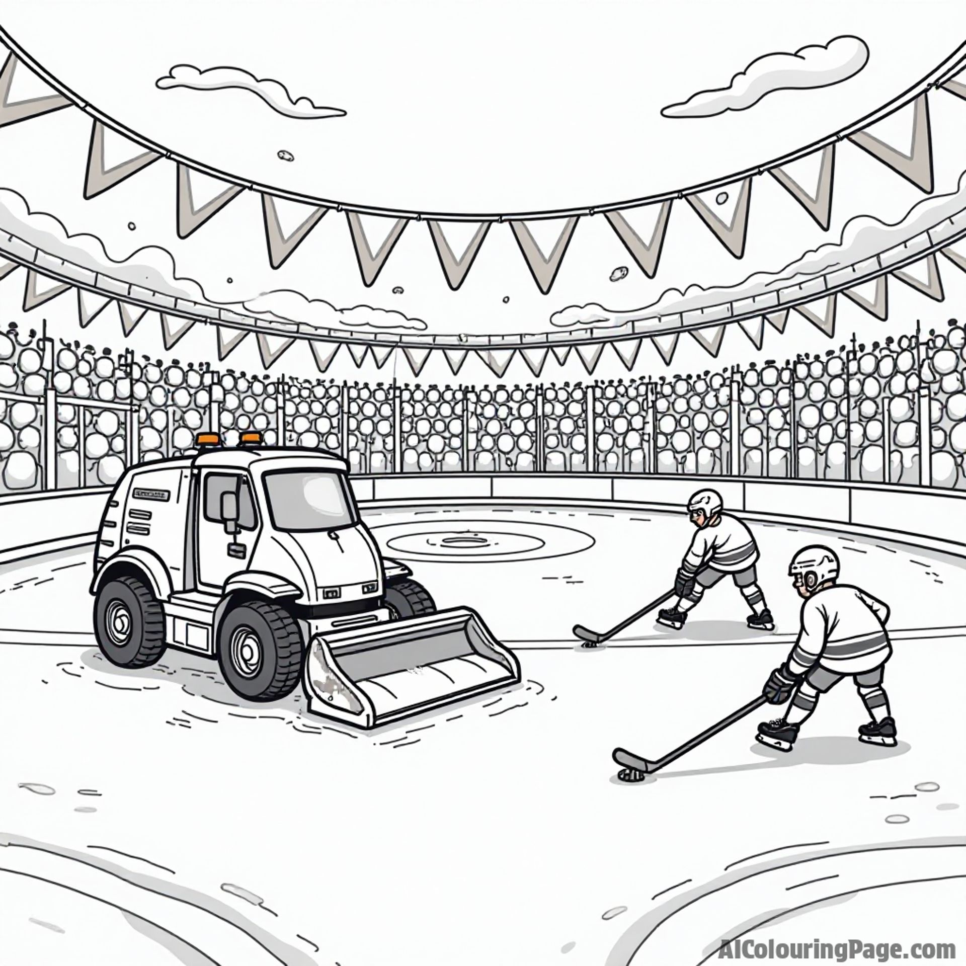 A cartoonish ice rink with colorful banners, a Zamboni machine cleaning the ice, and players getting ready for a fun hockey match to color.