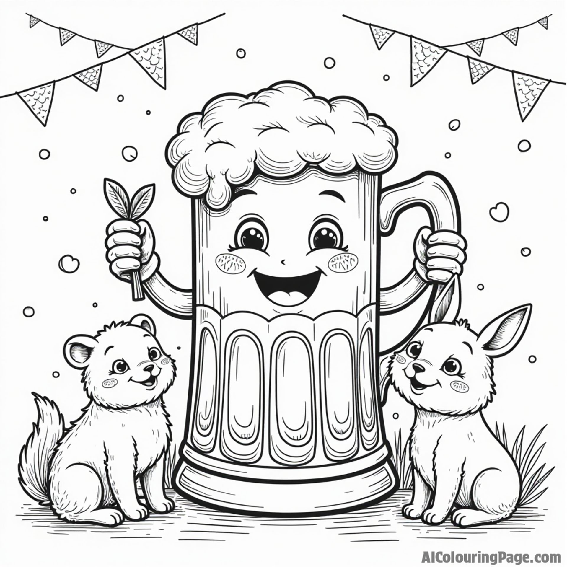 A whimsical depiction of a friendly beer stein character hosting a mini Oktoberfest celebration, surrounded by cheerful animals and festive decorations, perfect for a playful coloring experience.