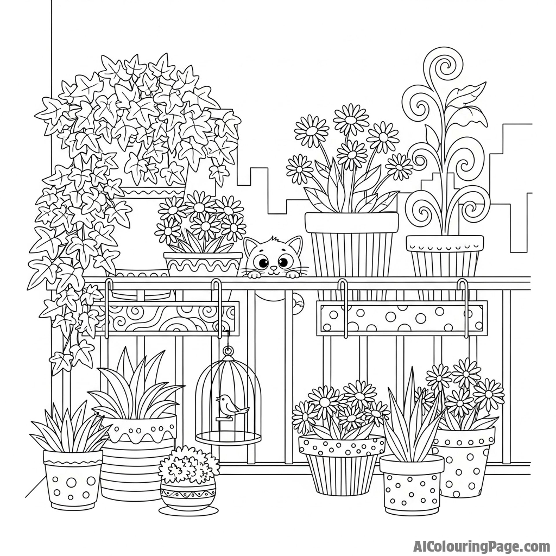 A cat hiding among potted plants on a balcony.