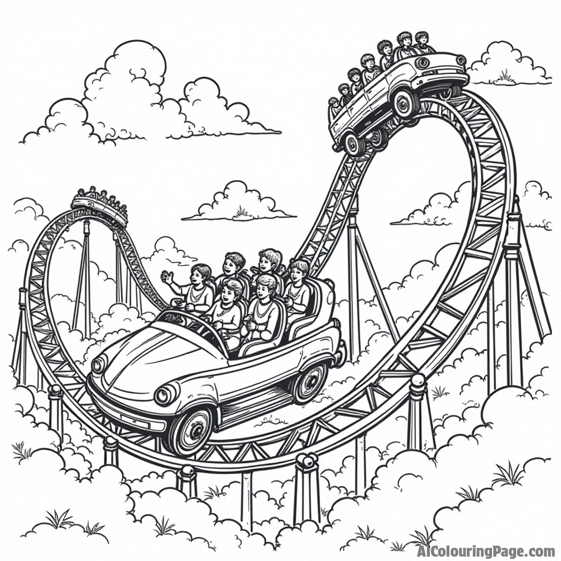 A thrilling roller coaster with excited riders, colorful cars zooming along the track, and a carnival atmosphere, ideal for a Festivals and Traditions Coloring Sheet.
