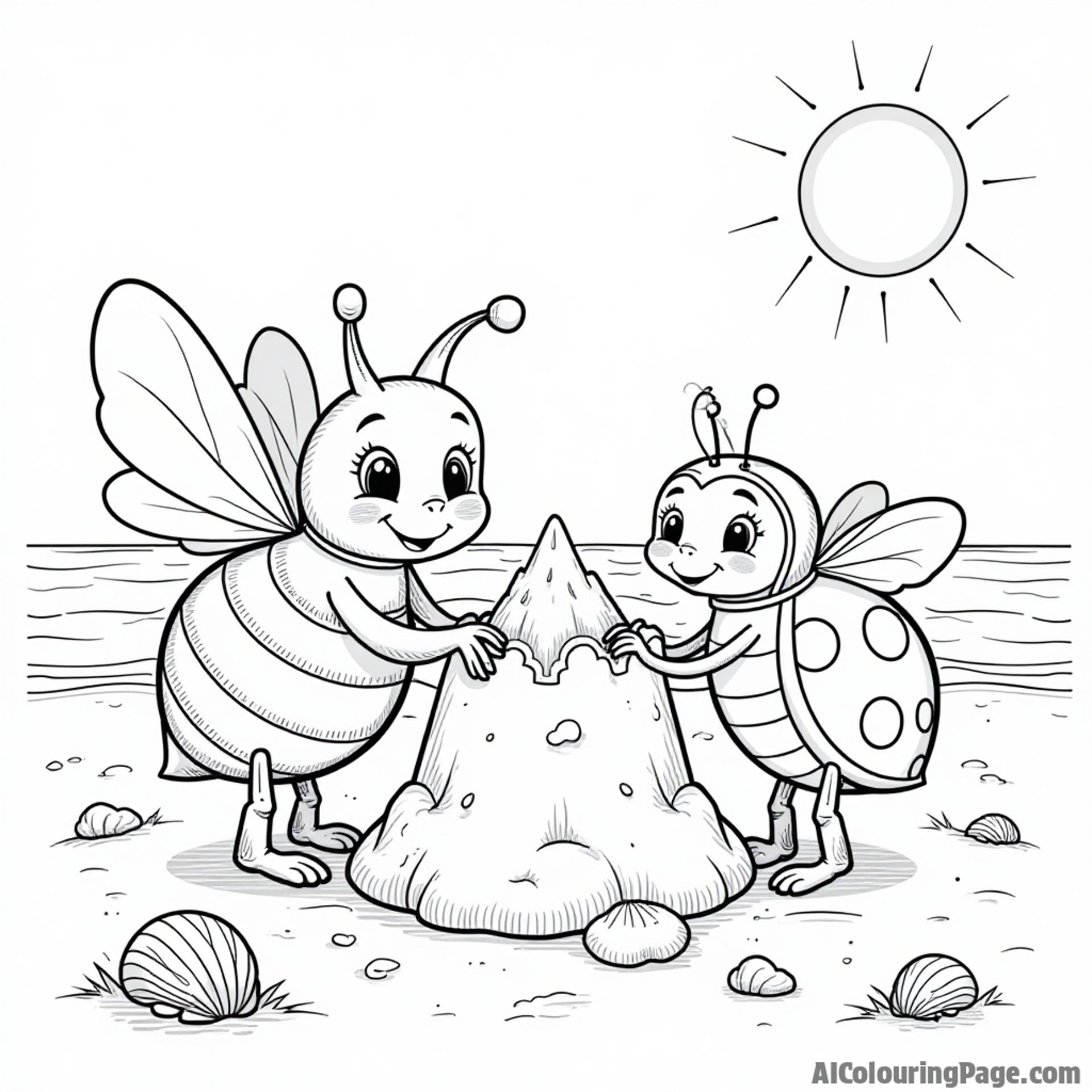 A bee and a ladybug building a sandcastle together on a beach, with seashells and a sunny sky above.