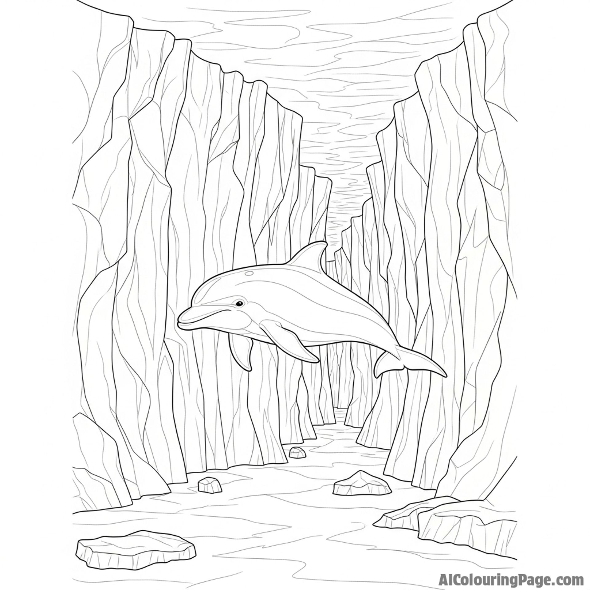 A dolphin navigating through a massive underwater canyon of ice formations.