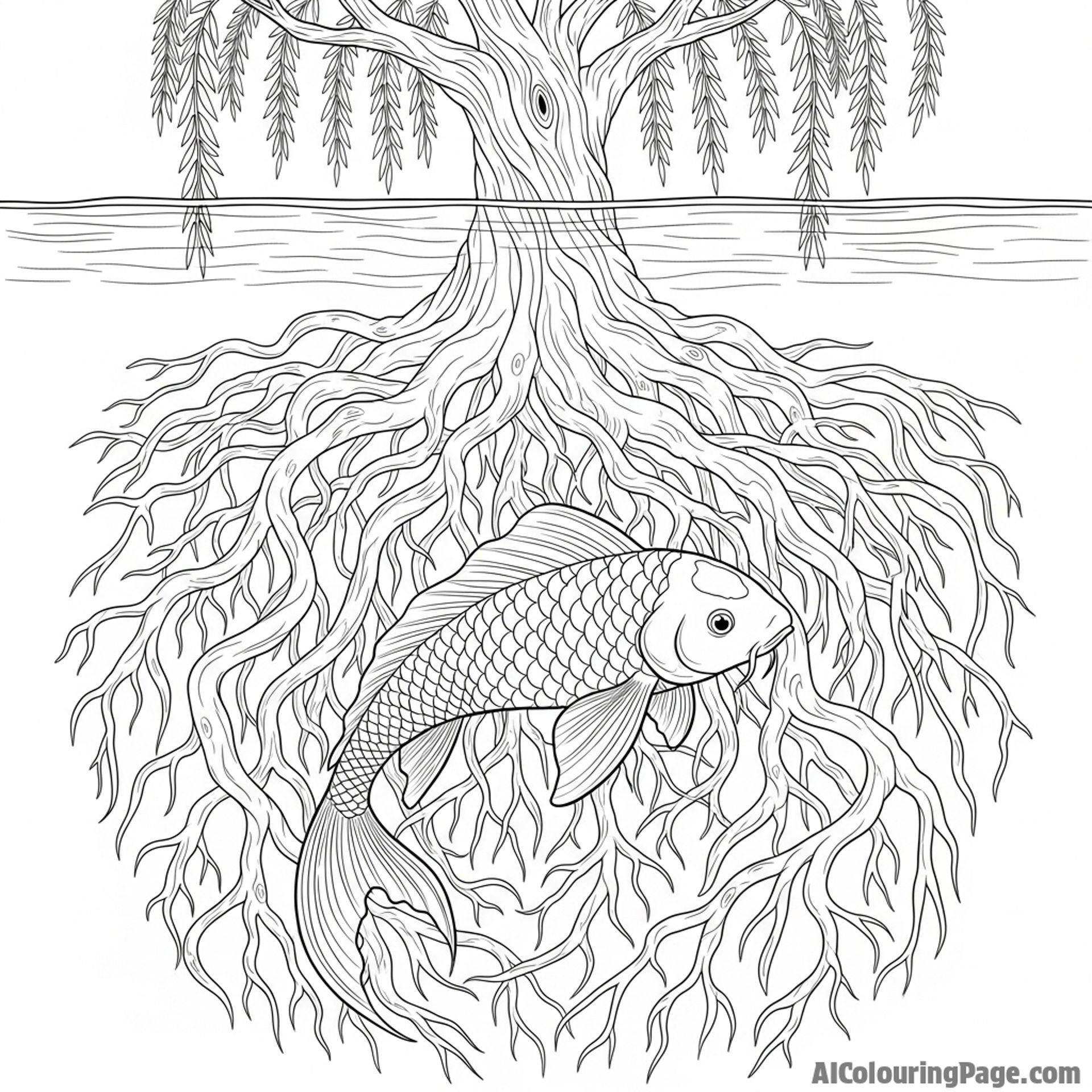 A koi fish expertly navigating the tangled, submerged root system of an ancient willow tree.