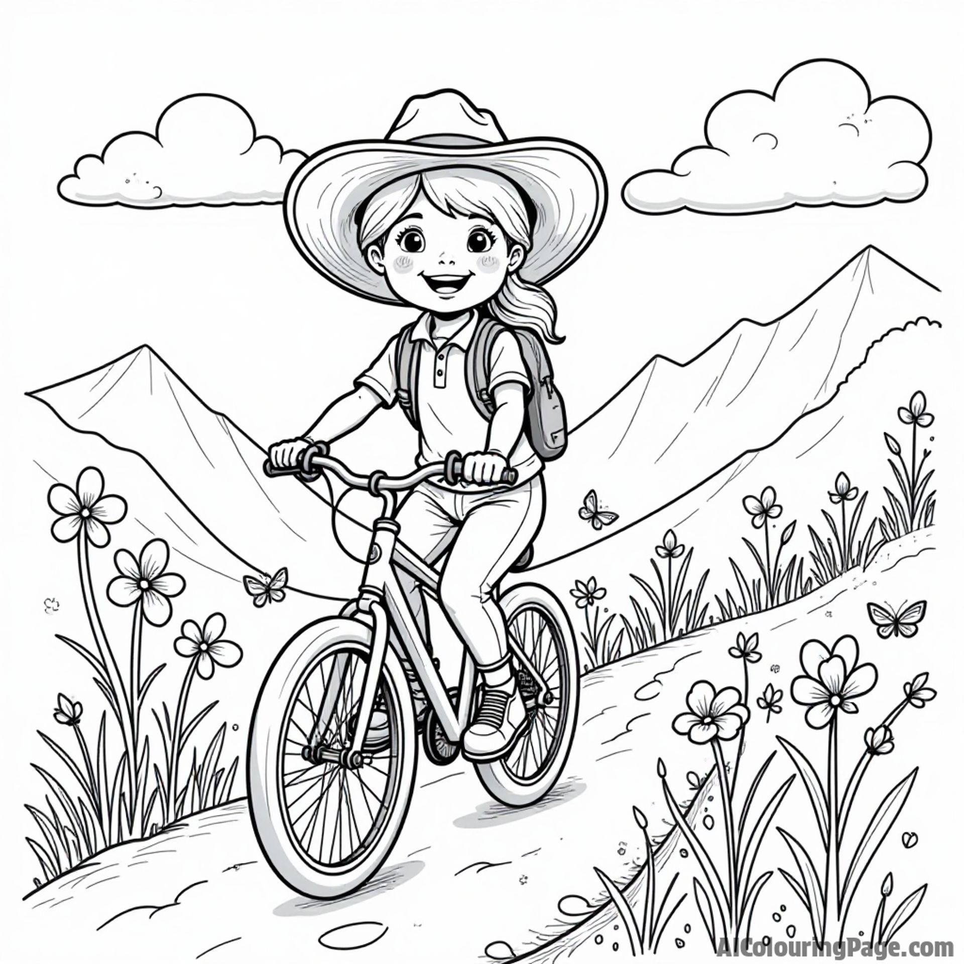 A cheerful explorer in a large hat, riding a bicycle down a winding path, flanked by flowers and butterflies, capturing the spirit of adventure in a fun coloring page.