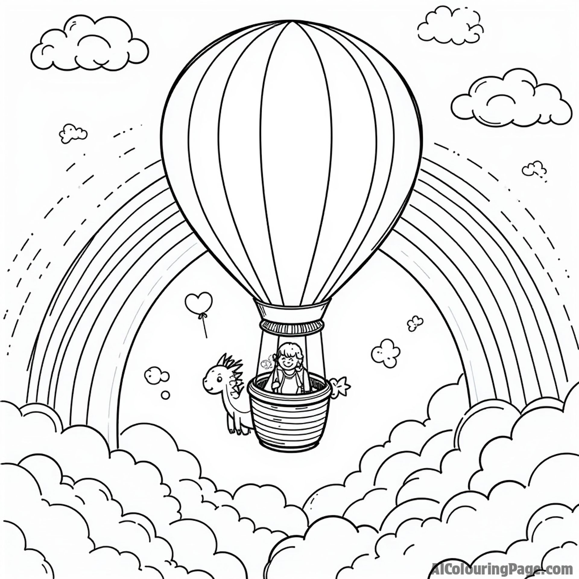A hot air balloon journey through a magical sky filled with rainbows, with a playful dragon flying alongside, inviting children to color their own adventurous tale.