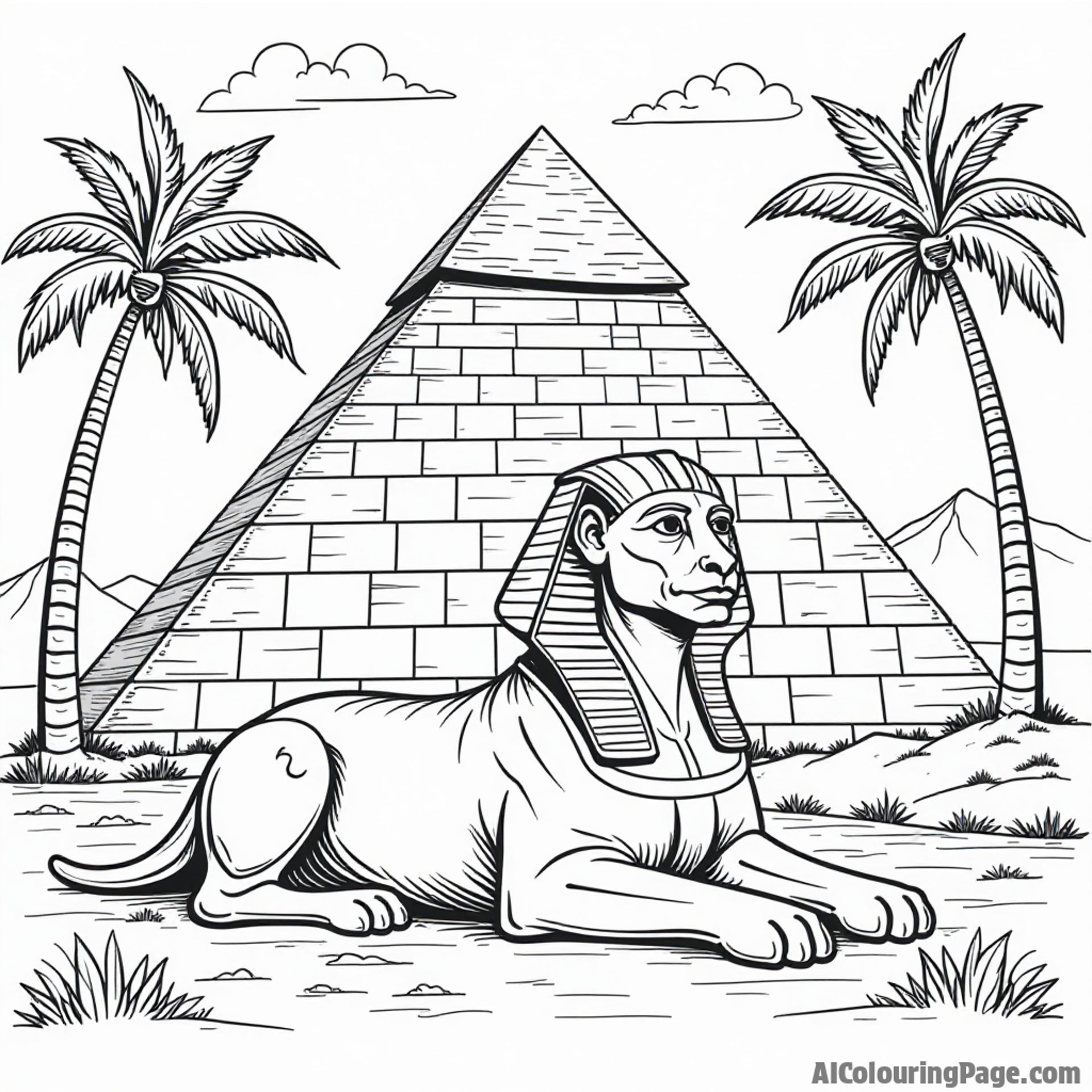 Ancient Egyptian pyramid with a majestic sphinx in front, surrounded by palm trees and a clear sky, perfect for kids to color and learn about history and mythology in ancient times.