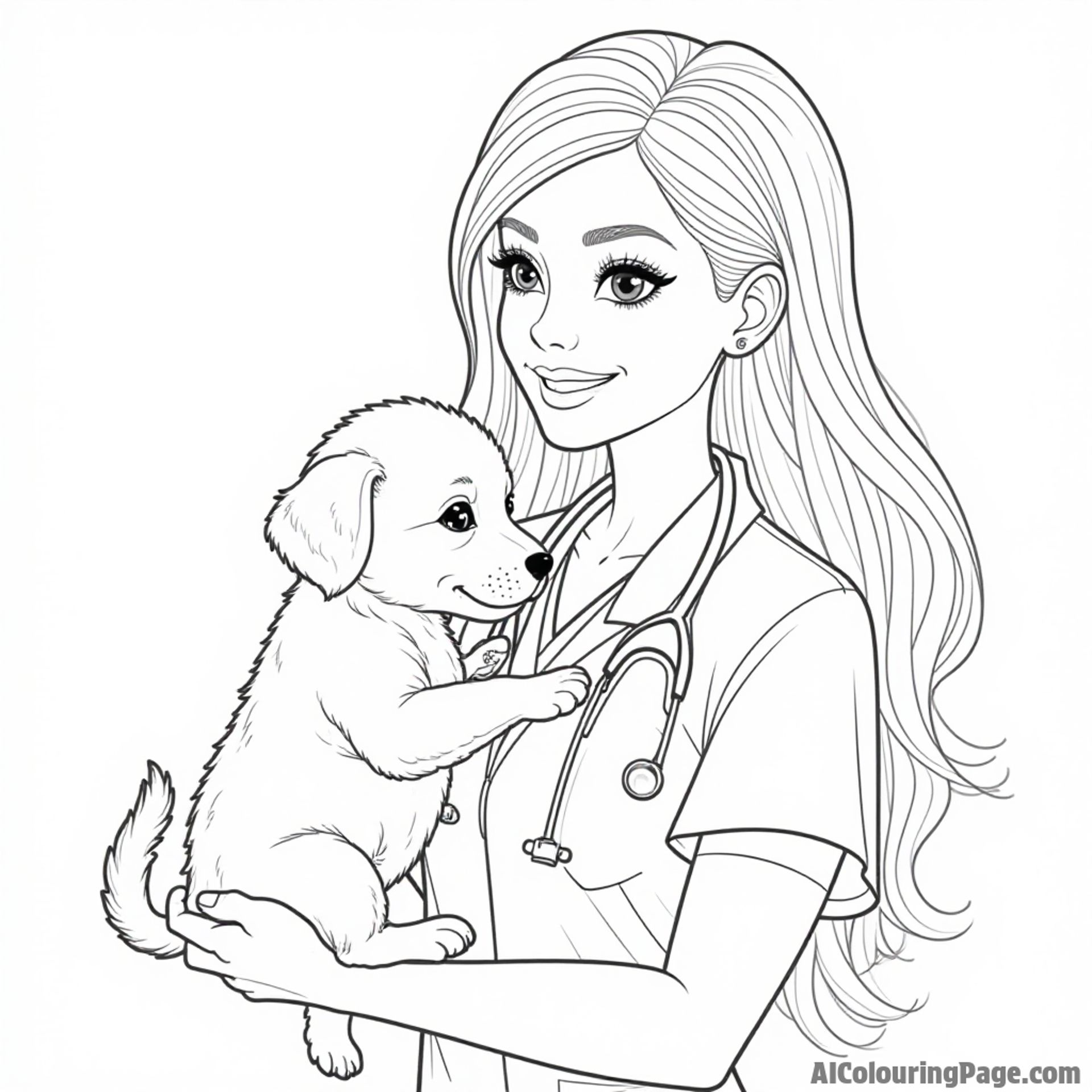 Barbie as a veterinarian taking care of animals, with a puppy and kitten in her arms, smiling happily at them.